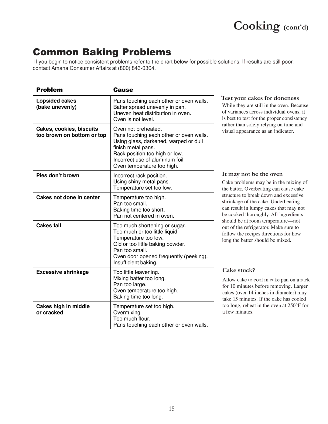 Amana ARR6420 Cooking contd, Common Baking Problems, Test your cakes for doneness, It may not be the oven, Cake stuck? 