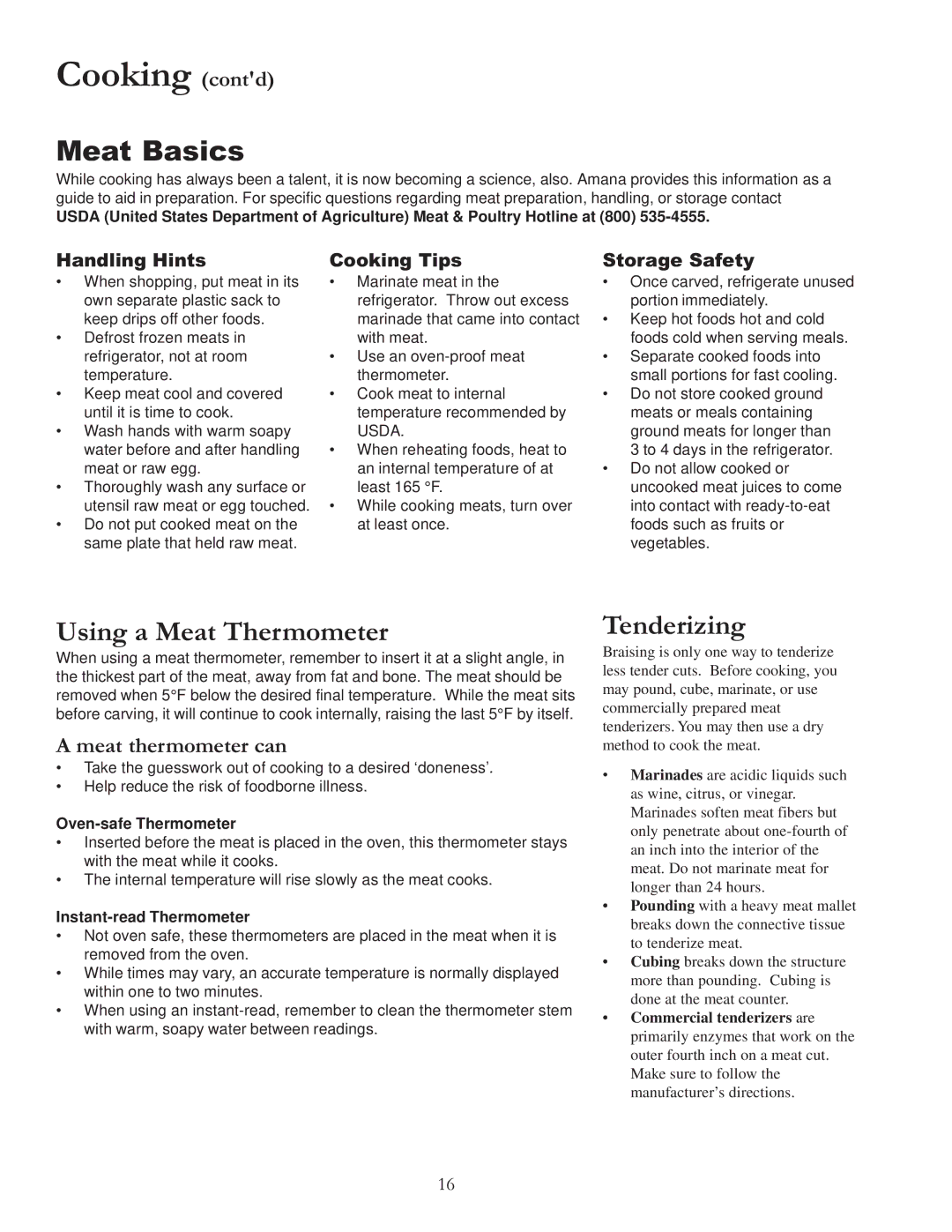 Amana ARR6420 owner manual Meat Basics, Using a Meat Thermometer, Tenderizing, Meat thermometer can 