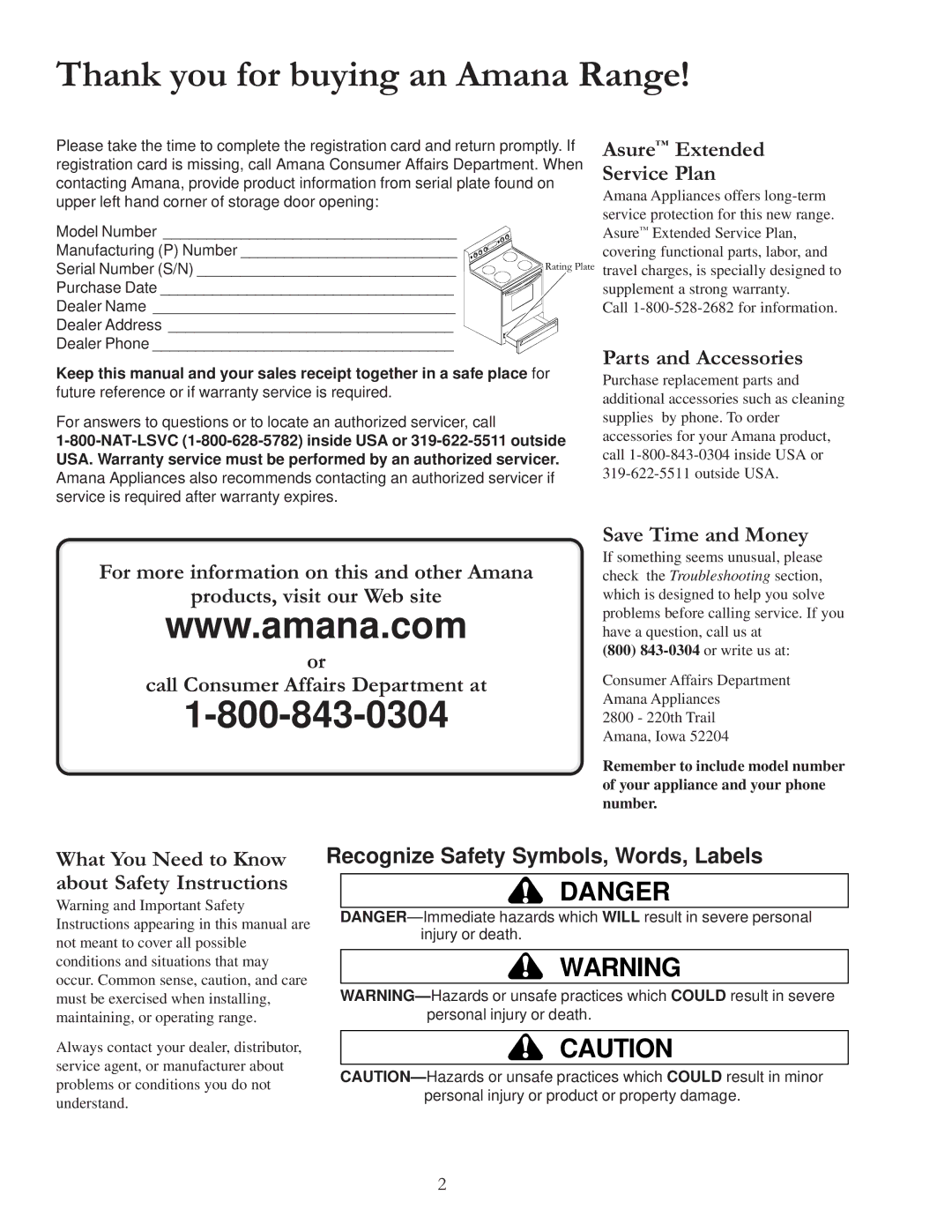 Amana ARR6420 owner manual Thank you for buying an Amana Range, Asure Extended Service Plan, Parts and Accessories 