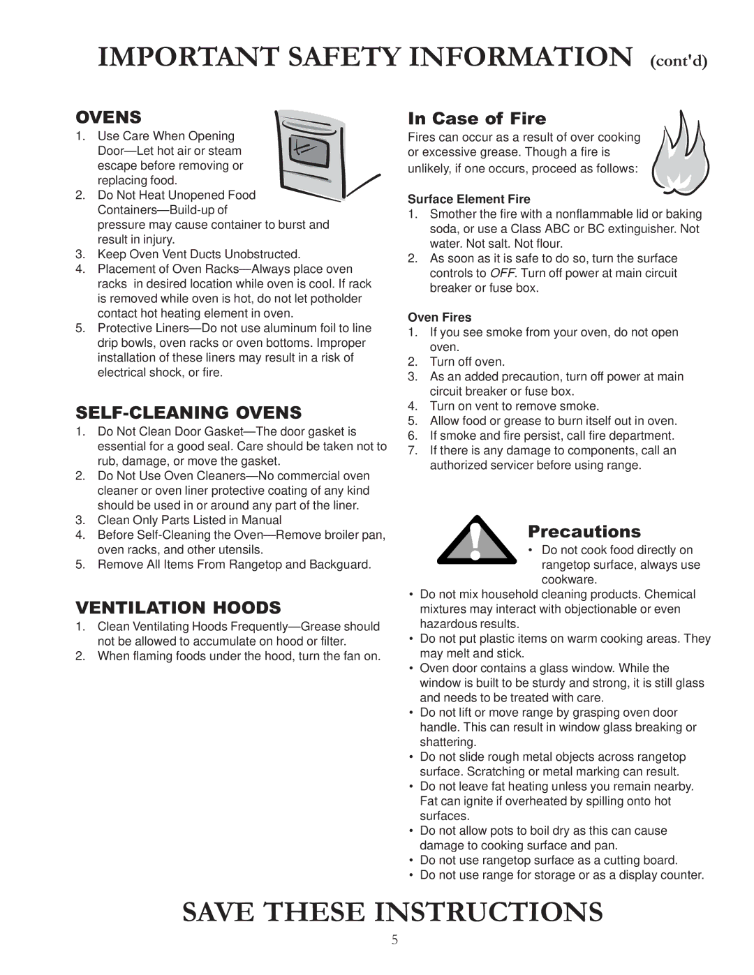 Amana ARR6420 owner manual Case of Fire, Precautions, Surface Element Fire, Oven Fires 