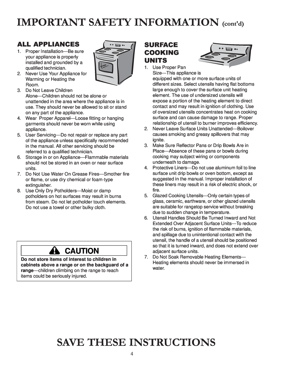 Amana ARR6420 IMPORTANT SAFETY INFORMATION contd, All Appliances, Surface Cooking Units, Save These Instructions 
