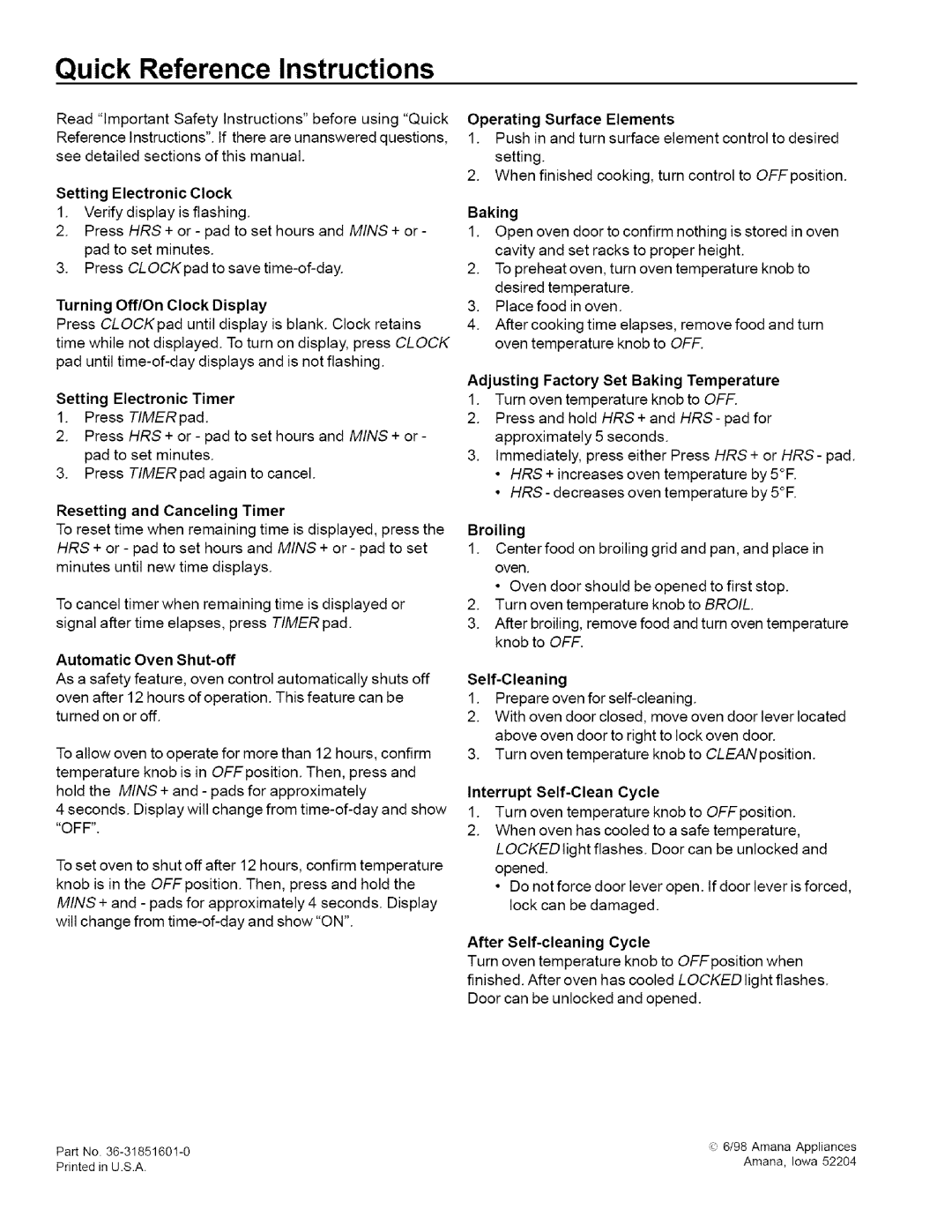 Amana ART6112, ART6002, ARR6202, ARR6102 owner manual Quick Reference Instructions 