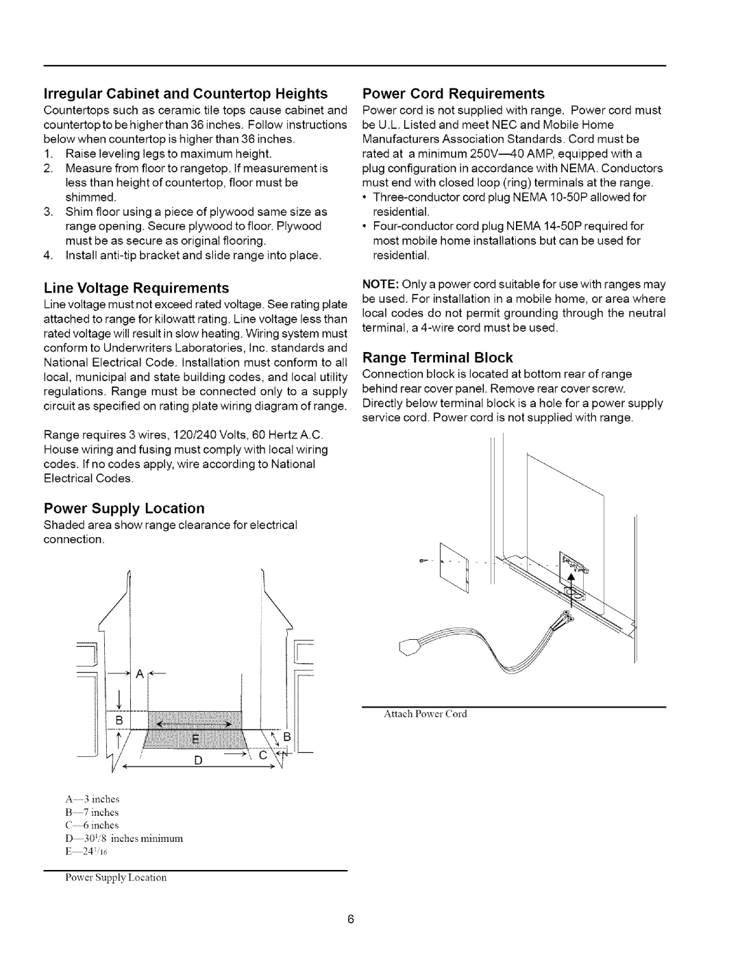 Amana ARR6202, ART6112 Irregular Cabinet and Countertop Heights, Line Voltage Requirements, Power Cord Requirements 