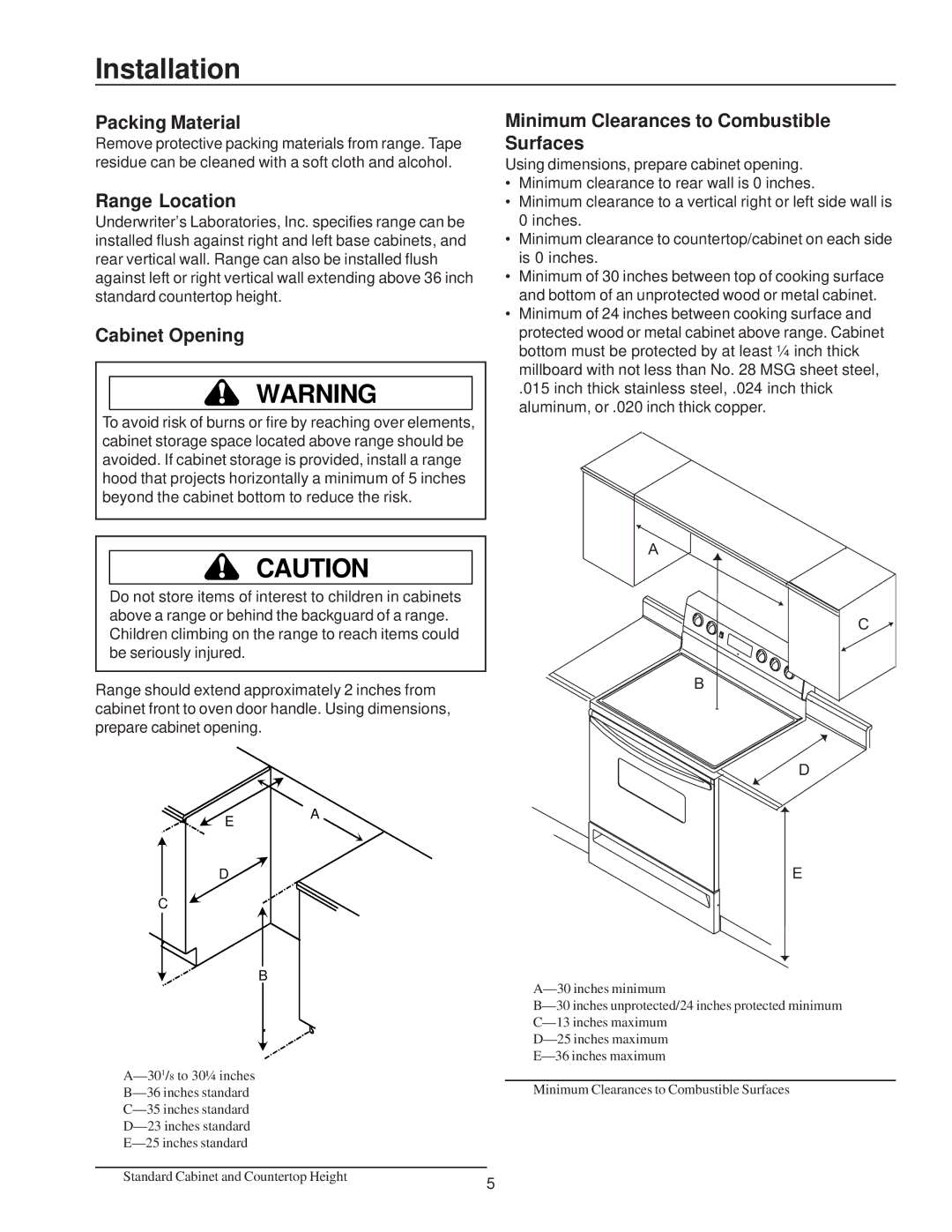 Amana ART6113* Installation, Packing Material, Range Location, Cabinet Opening, Minimum Clearances to Combustible Surfaces 