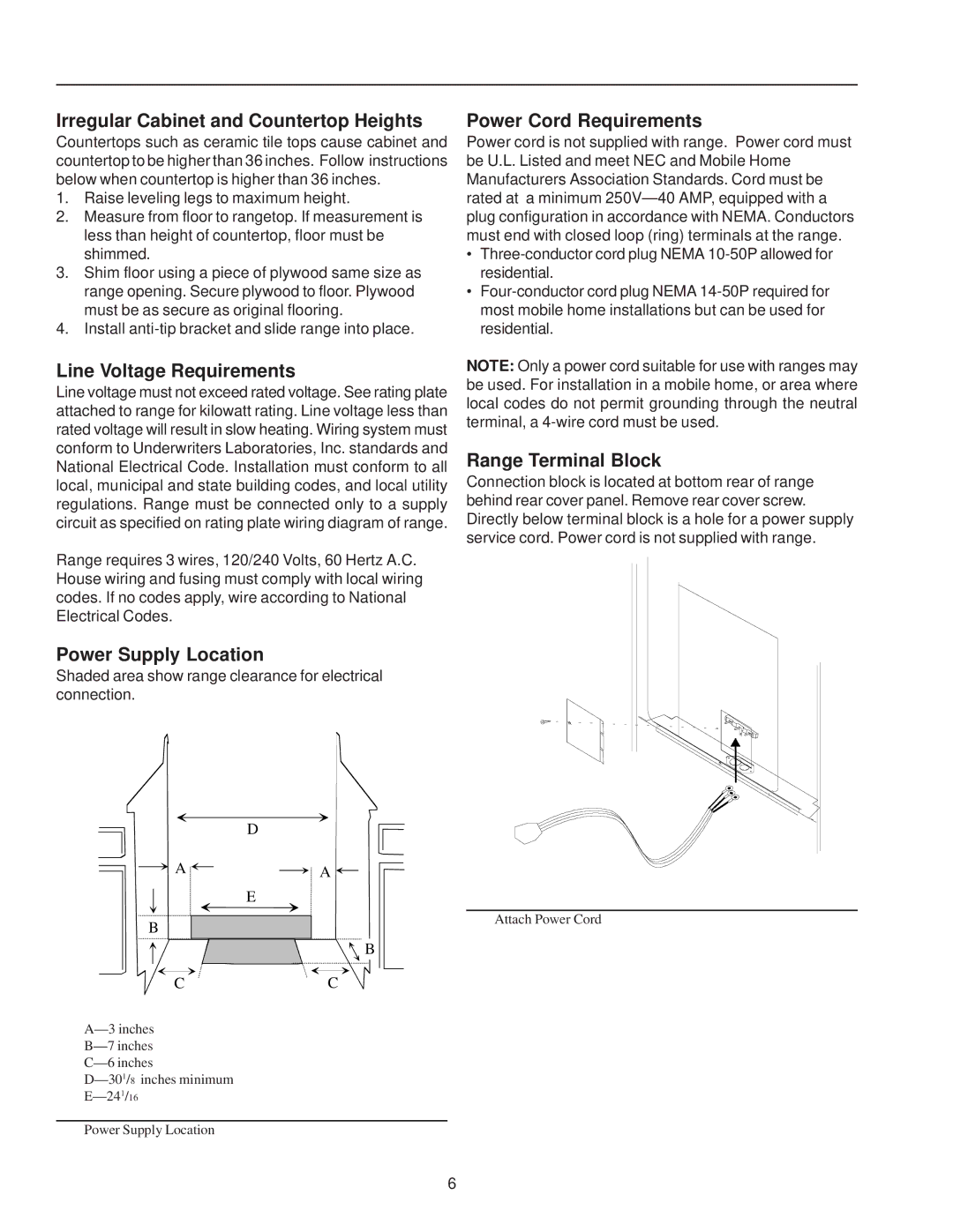 Amana ART6114*, ART6113* Irregular Cabinet and Countertop Heights, Line Voltage Requirements, Power Supply Location 