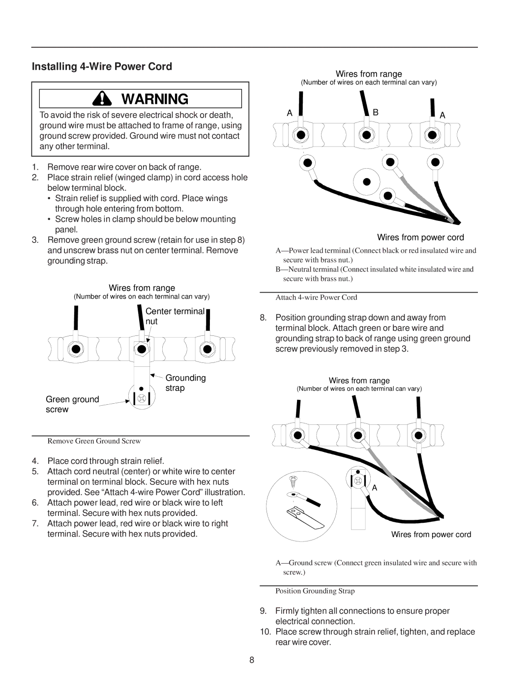 Amana ART6114*, ART6113* owner manual Installing 4-Wire Power Cord 