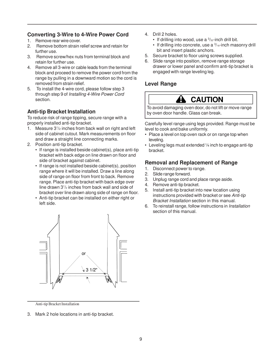 Amana ART6113*, ART6114* owner manual Converting 3-Wire to 4-Wire Power Cord, Anti-tip Bracket Installation, Level Range 