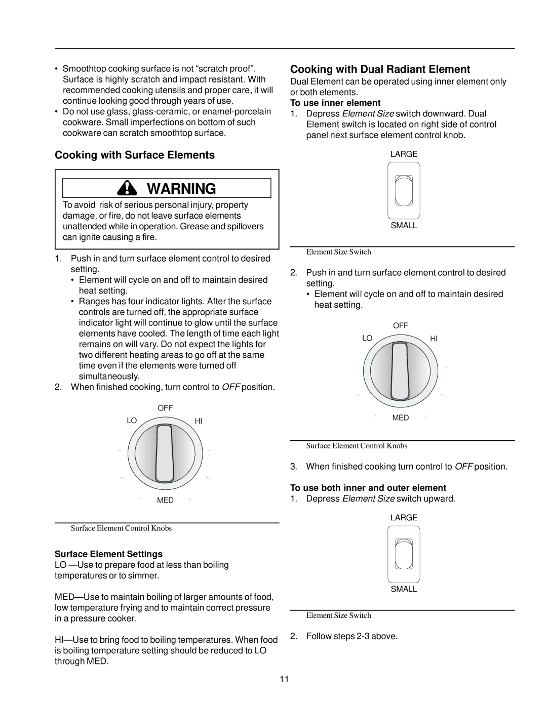 Amana ARTC7511 owner manual To use inner element, Surface Element Settings, To use both inner and outer element 