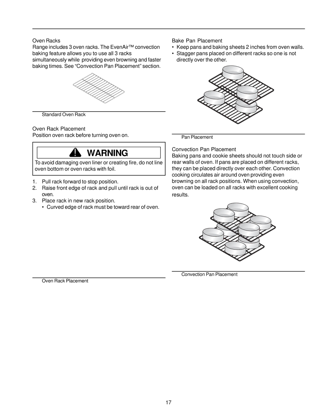 Amana ARTC7511 owner manual Oven Racks, Bake Pan Placement, Oven Rack Placement, Convection Pan Placement 