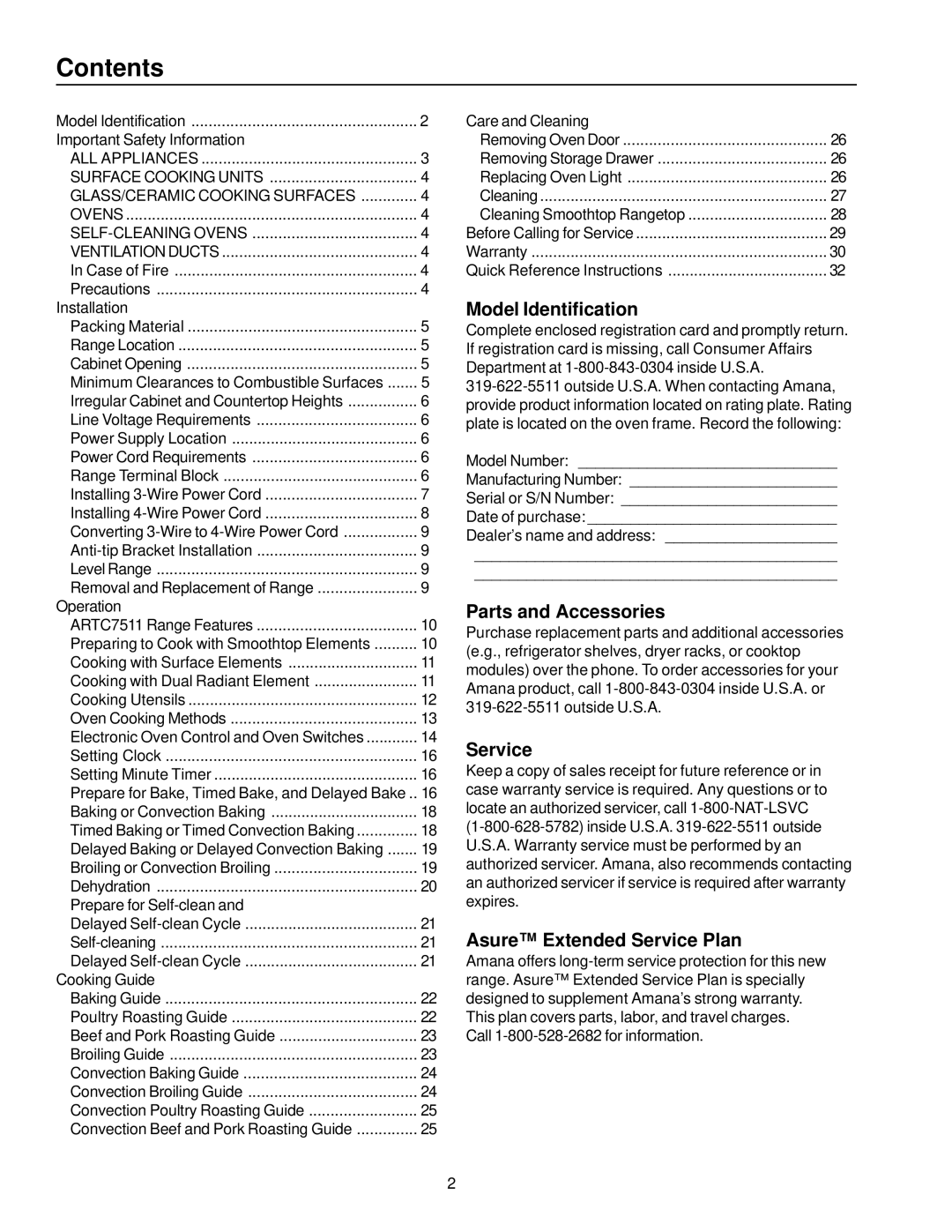 Amana ARTC7511 owner manual Contents 