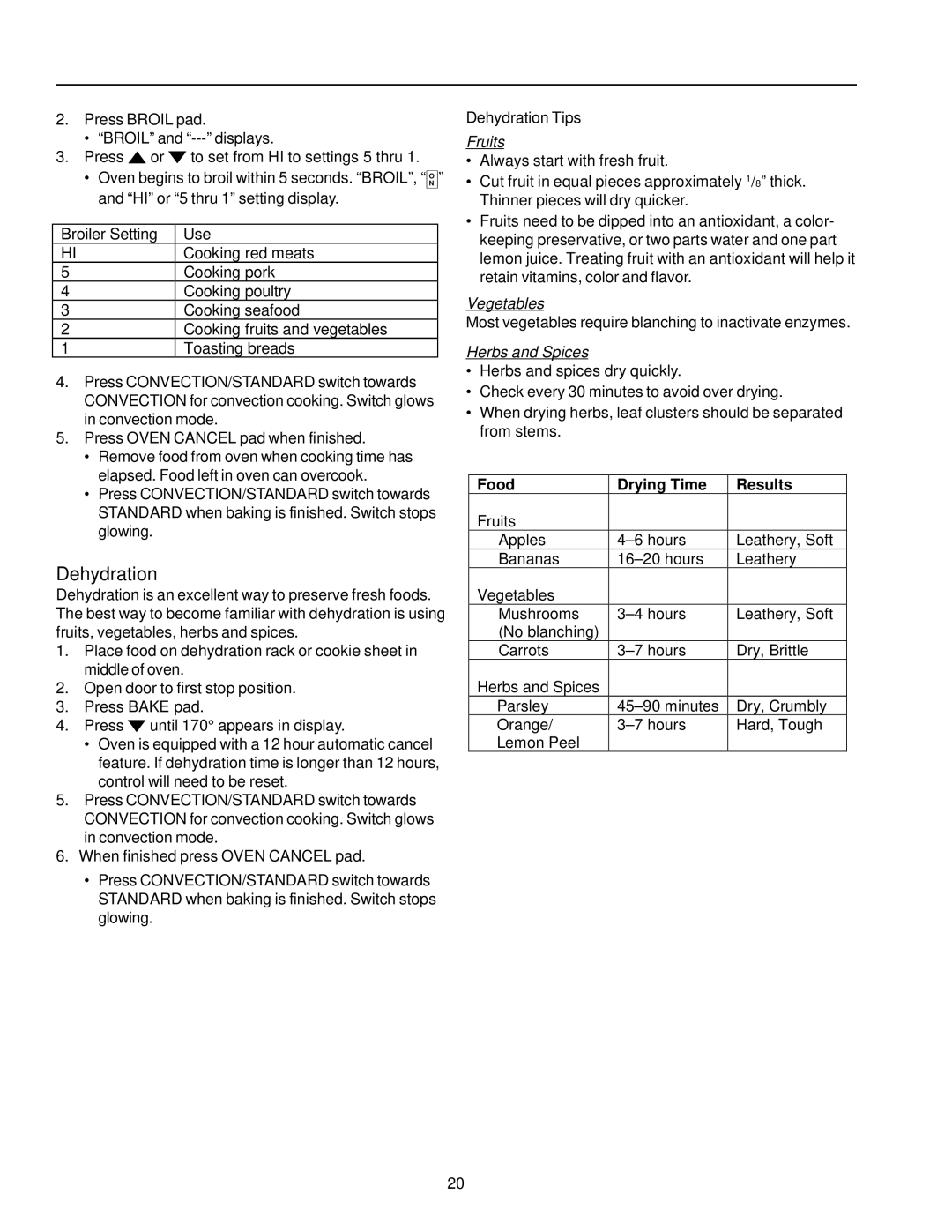 Amana ARTC7511 owner manual Dehydration Tips, Food Drying Time Results 