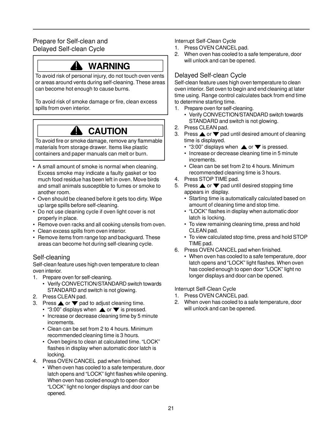 Amana ARTC7511 owner manual Prepare for Self-clean Delayed Self-clean Cycle, Self-cleaning, Interrupt Self-Clean Cycle 