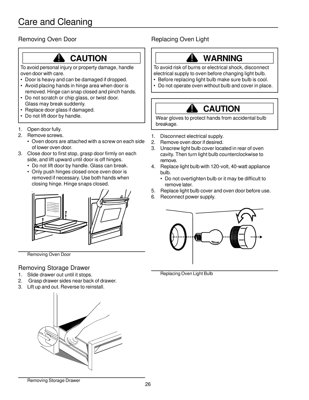 Amana ARTC7511 owner manual Care and Cleaning, Removing Oven Door Replacing Oven Light, Removing Storage Drawer 