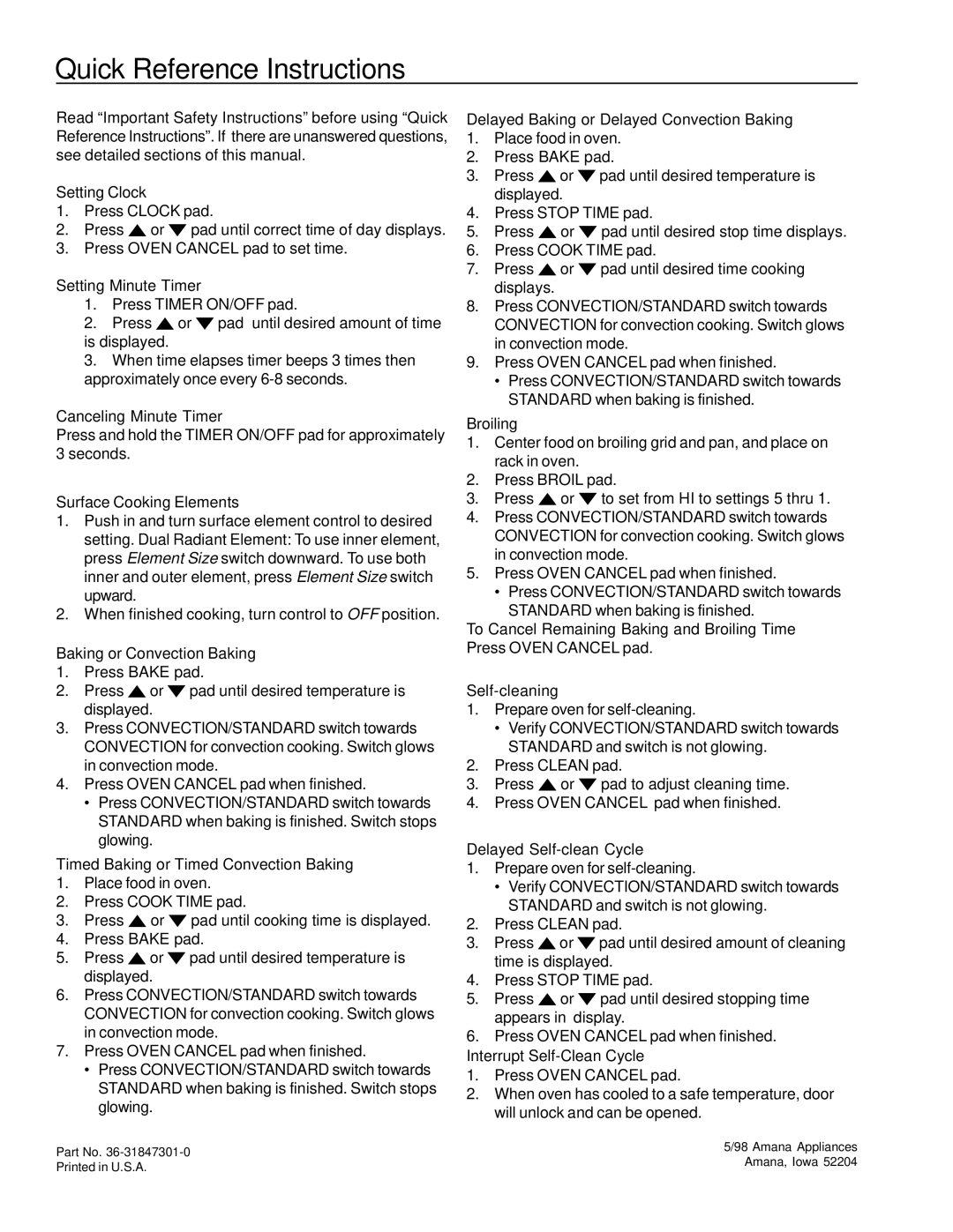 Amana ARTC7511 owner manual Quick Reference Instructions 