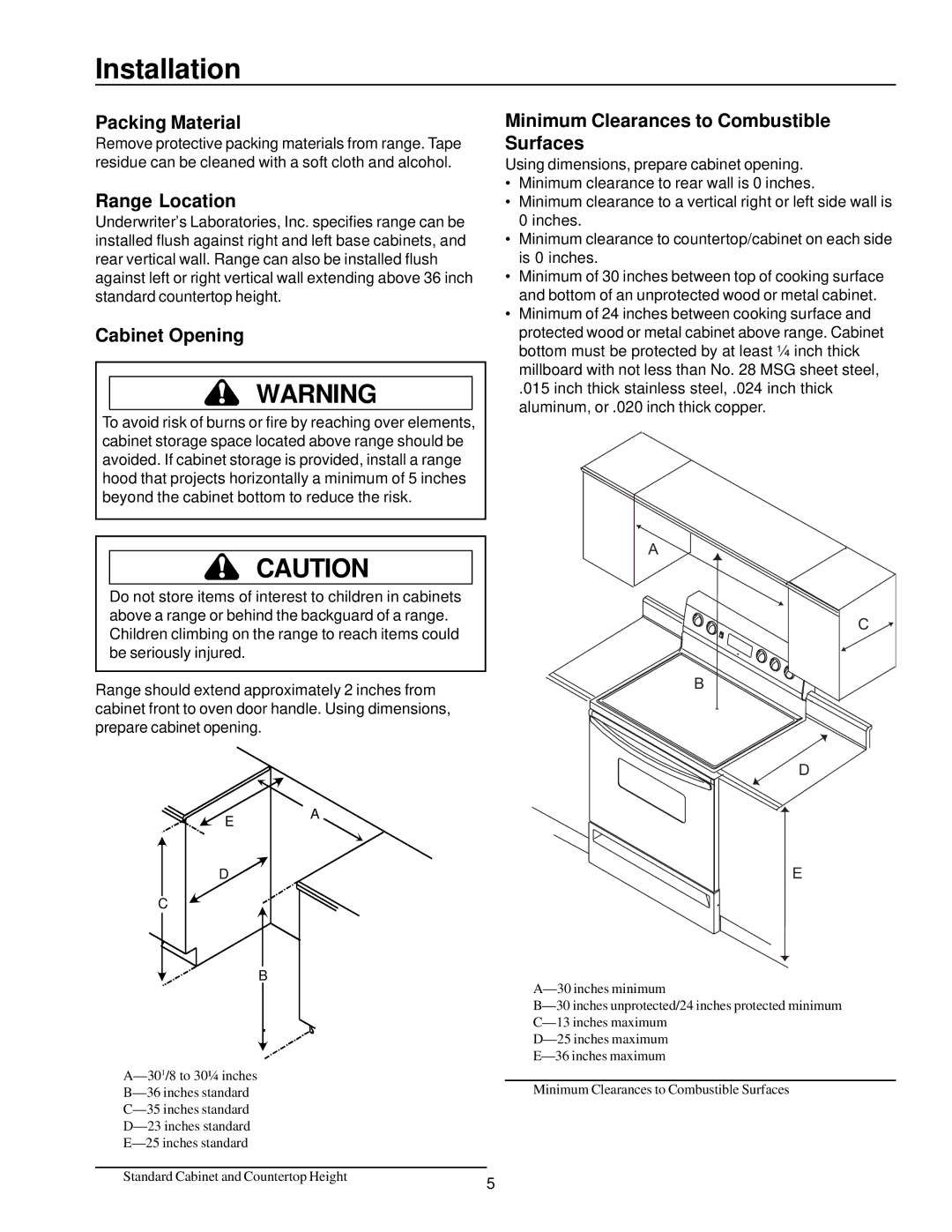 Amana ARTC7511 Installation, Packing Material, Range Location, Cabinet Opening, Minimum Clearances to Combustible Surfaces 