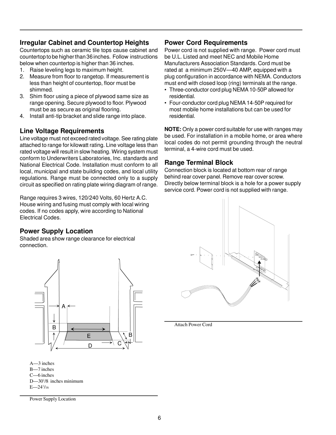 Amana ARTC7511 owner manual Irregular Cabinet and Countertop Heights, Line Voltage Requirements, Power Supply Location 