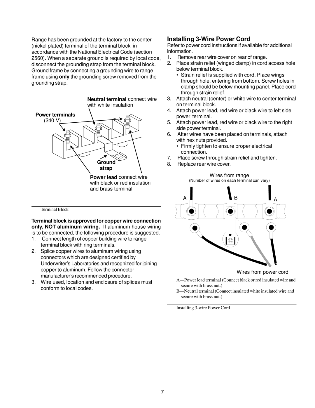 Amana ARTC7511 owner manual Installing 3-Wire Power Cord, Neutral terminal connect wire, Power terminals, Ground strap 