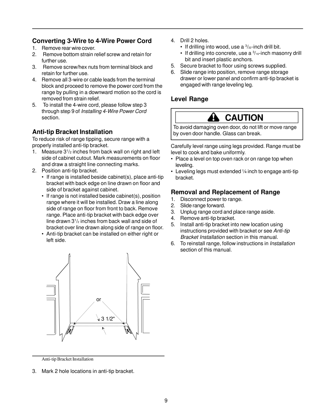 Amana ARTC7511 owner manual Converting 3-Wire to 4-Wire Power Cord, Anti-tip Bracket Installation, Level Range 