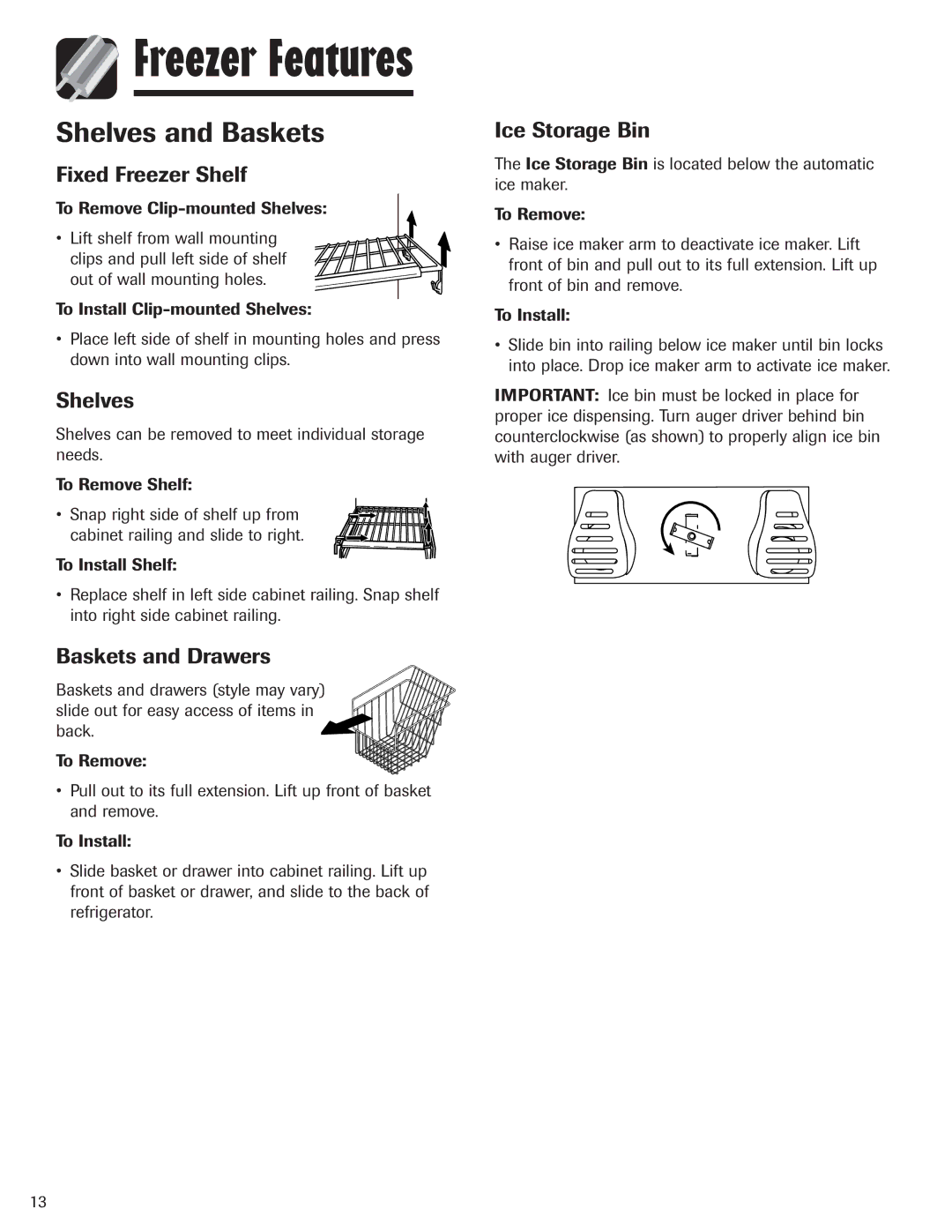 Amana ASD2328HEQ, ASD2328HEB, ASD2328HES Shelves and Baskets, Fixed Freezer Shelf, Baskets and Drawers, Ice Storage Bin 