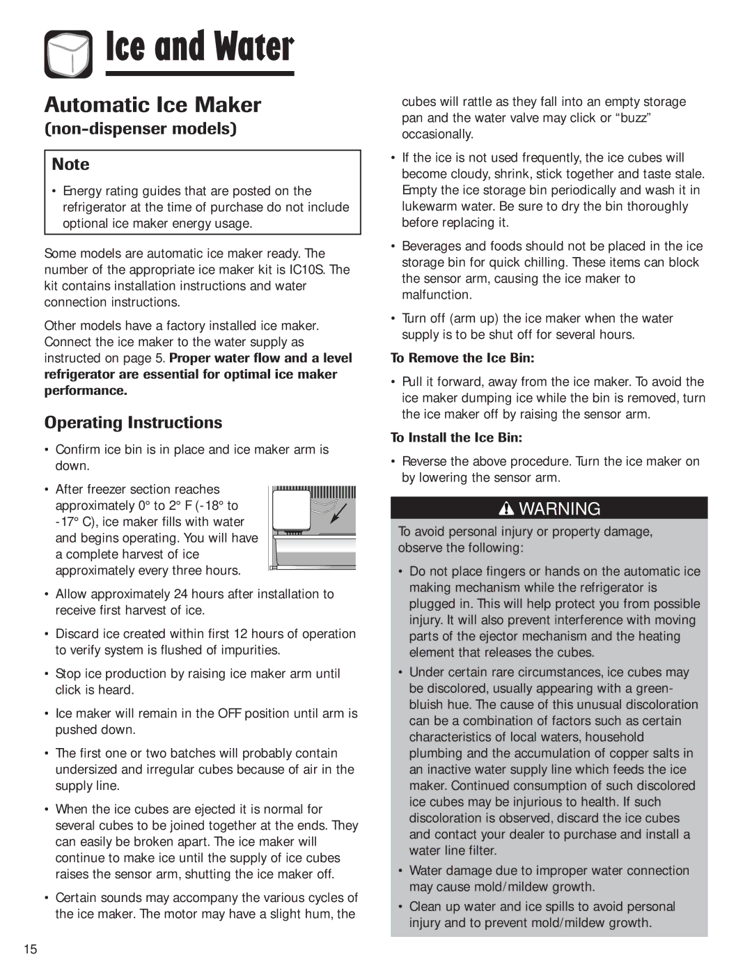 Amana ASD2328HEB, ASD2328HES, ASD2328HEQ Ice and Water, Automatic Ice Maker, Non-dispenser models, Operating Instructions 