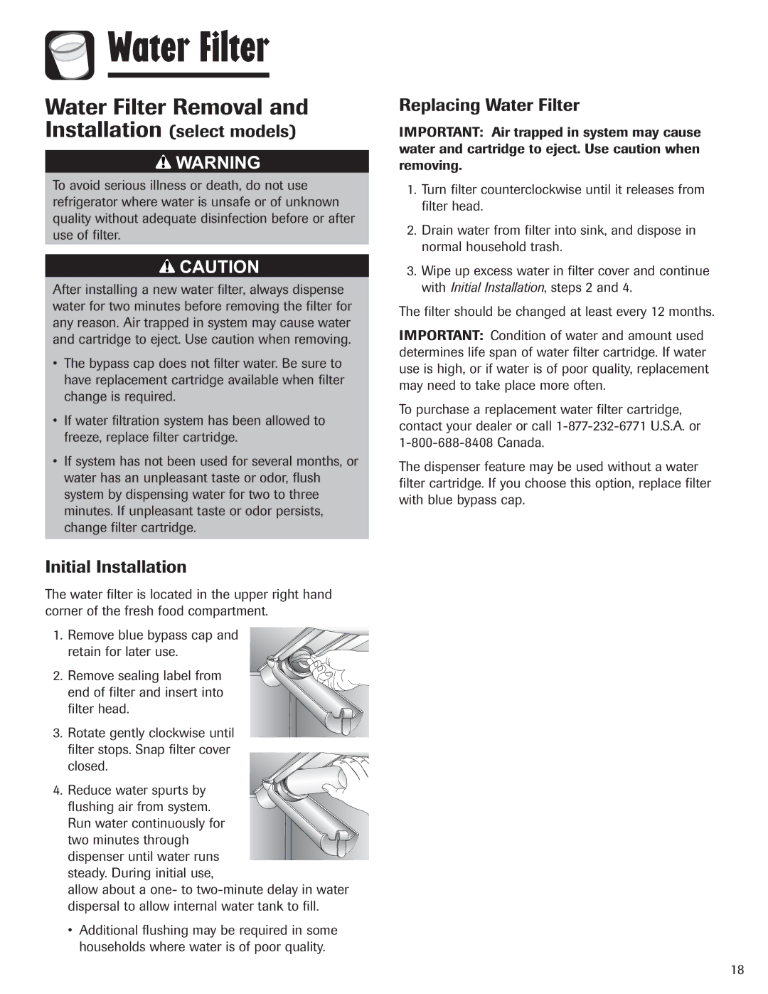 Amana ASD2328HEW Water Filter Removal, Installation select models, Initial Installation, Replacing Water Filter 