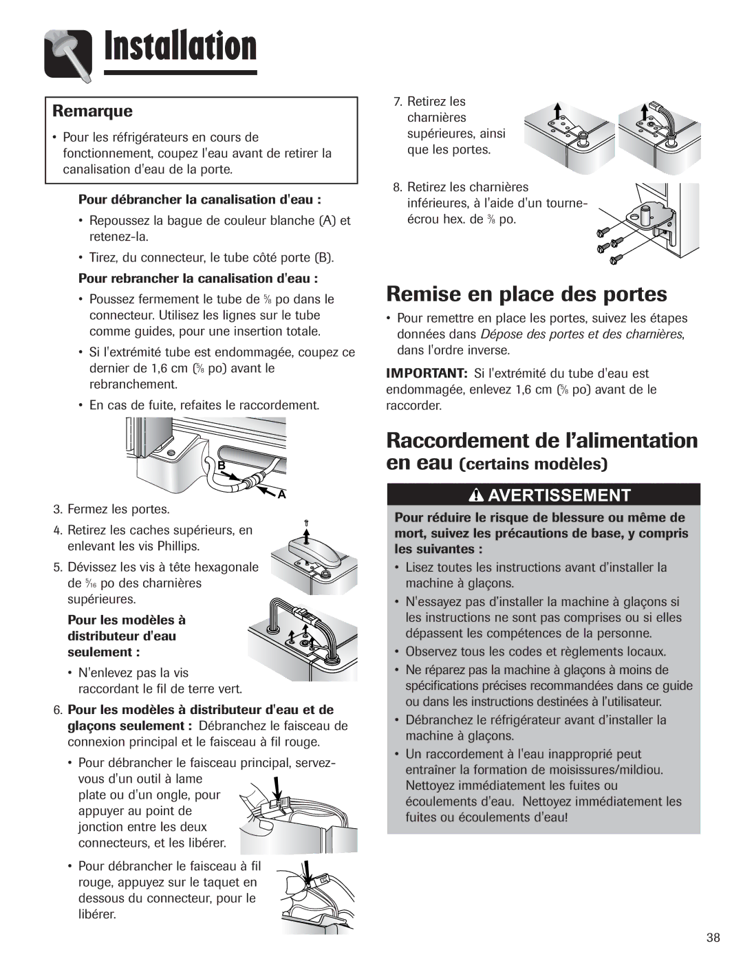 Amana ASD2328HEW, ASD2328HEB Remise en place des portes, Raccordement de l’alimentation, Remarque, En eau certains modèles 