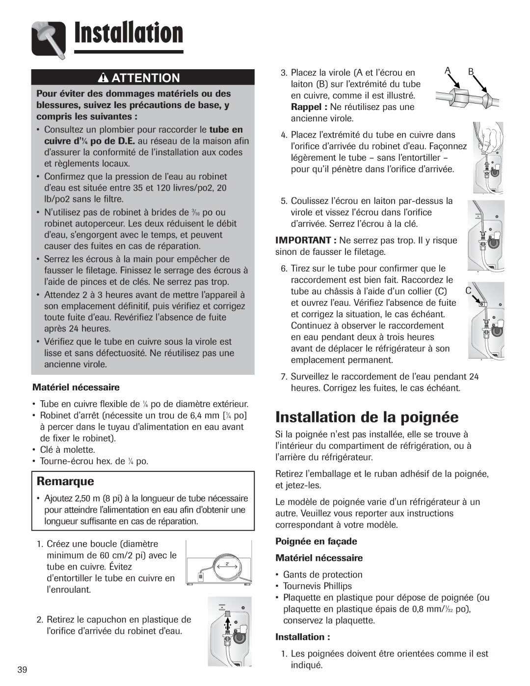 Amana ASD2328HEB, ASD2328HES, ASD2328HEQ, ASD2328HEW important safety instructions Installation de la poignée 