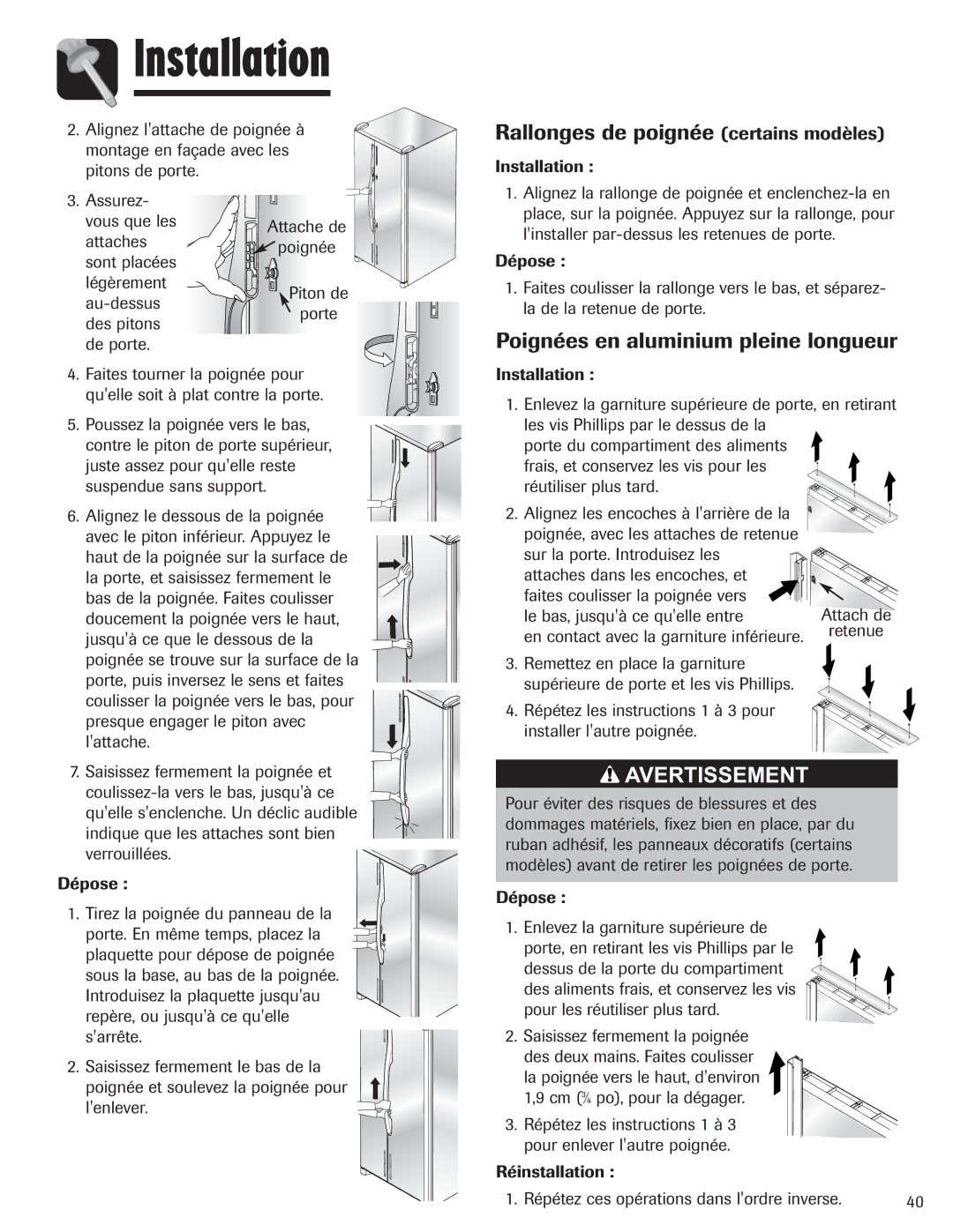 Amana ASD2328HES, ASD2328HEB, ASD2328HEQ Rallonges de poignée certains modèles, Poignées en aluminium pleine longueur 