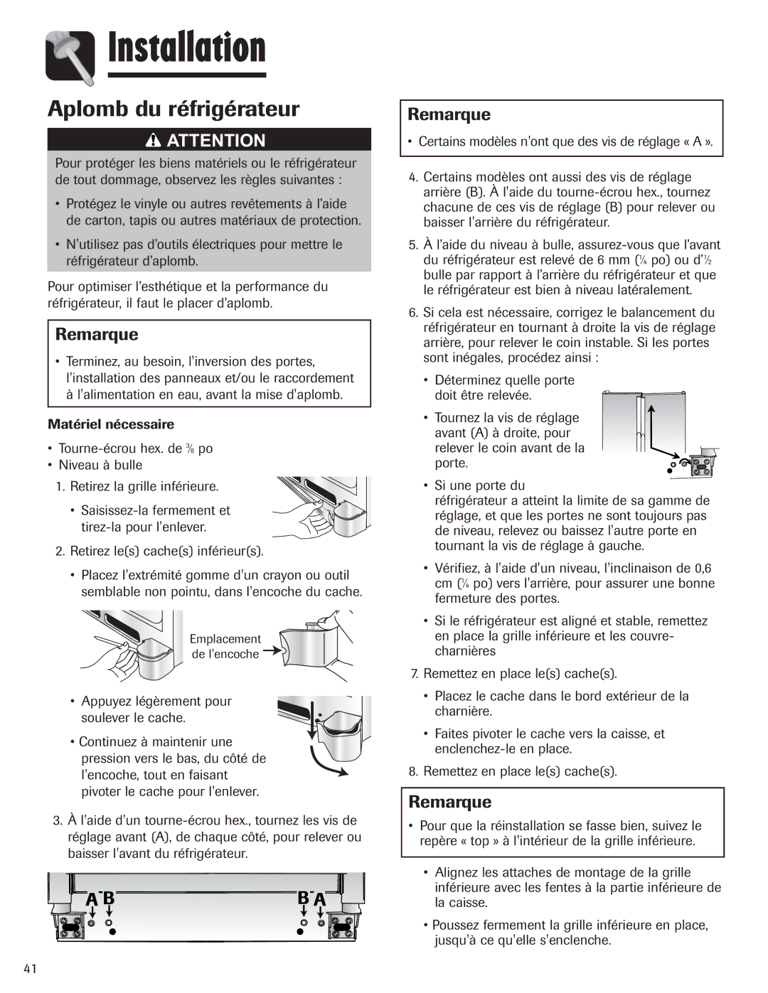 Amana ASD2328HEQ, ASD2328HEB, ASD2328HES, ASD2328HEW important safety instructions Aplomb du réfrigérateur 