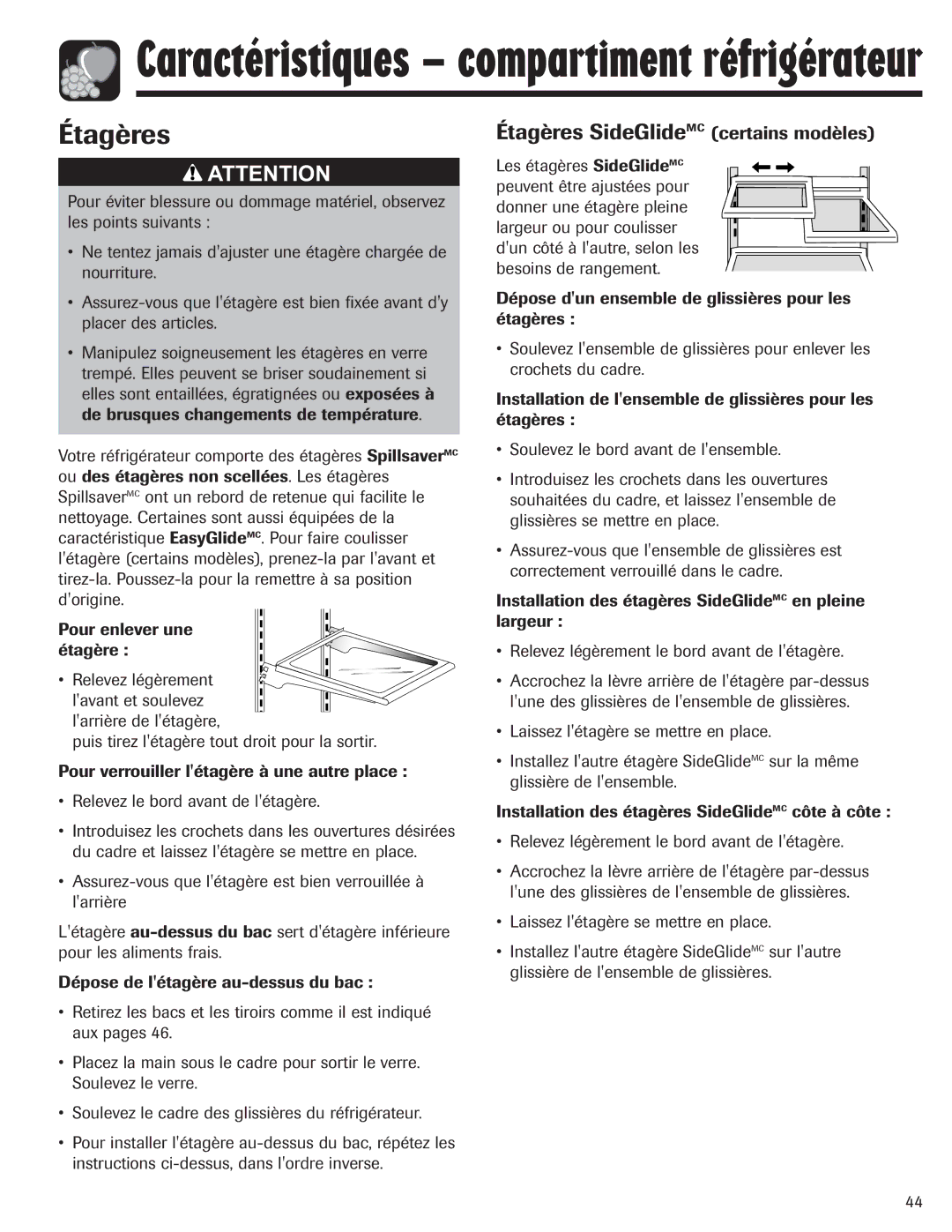 Amana ASD2328HES, ASD2328HEB, ASD2328HEQ, ASD2328HEW important safety instructions Étagères SideGlideMC certains modèles 