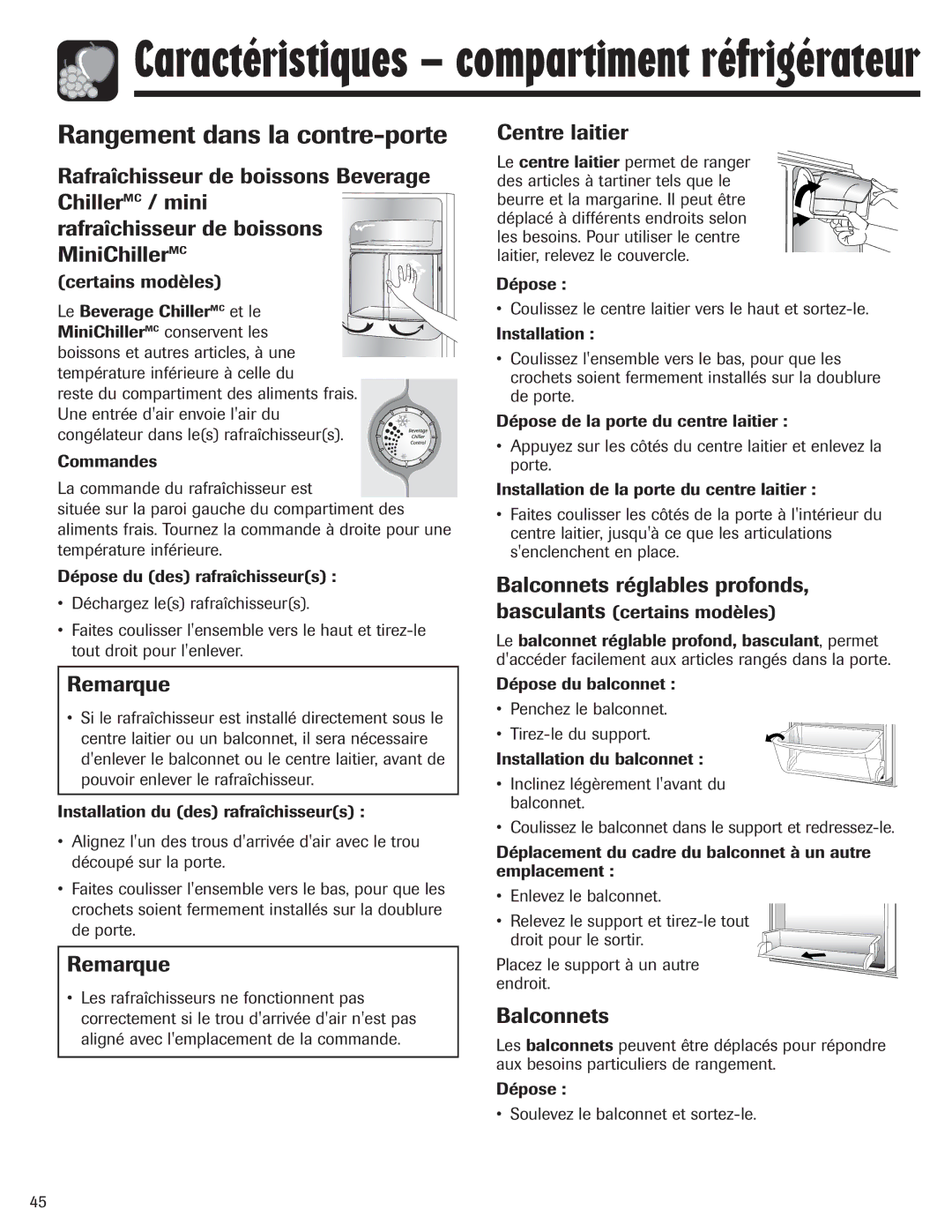 Amana ASD2328HEQ Centre laitier, Certains modèles, Balconnets réglables profonds, basculants certains modèles 