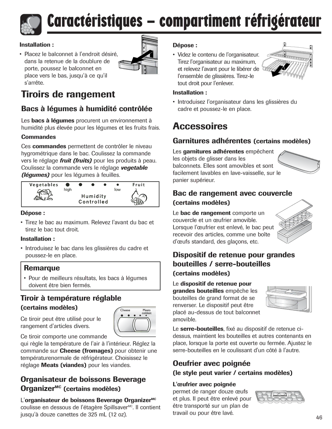 Amana ASD2328HEW, ASD2328HEB, ASD2328HES, ASD2328HEQ important safety instructions Tiroirs de rangement, Accessoires 