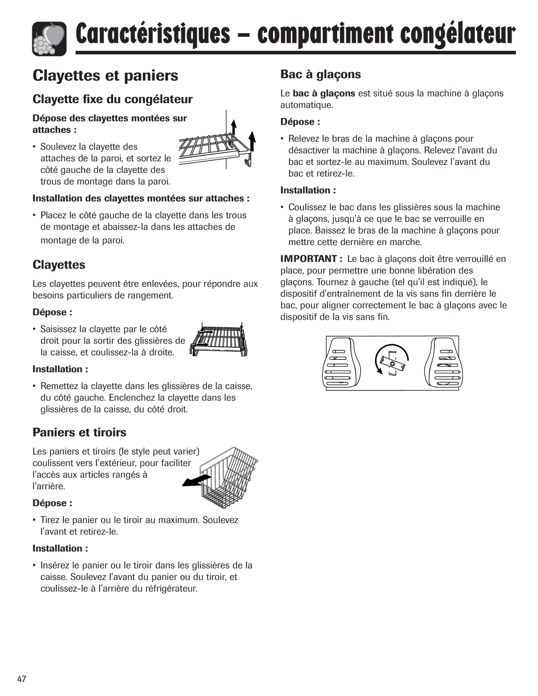 Amana ASD2328HEB, ASD2328HES Clayettes et paniers, Clayette fixe du congélateur, Paniers et tiroirs, Bac à glaçons 