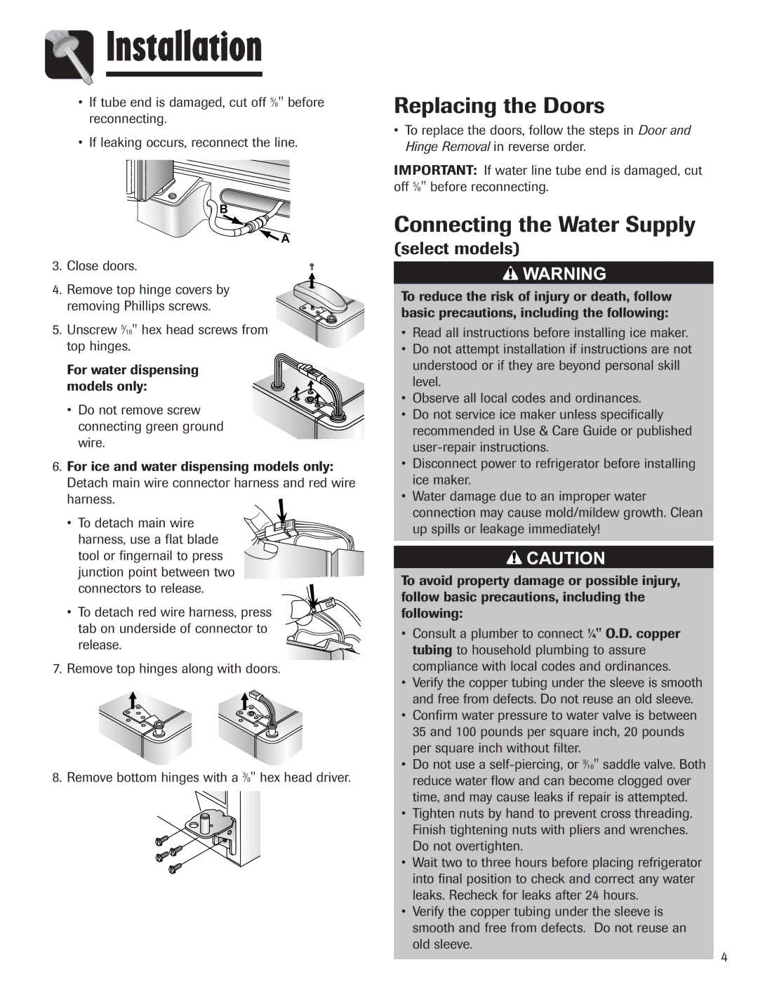 Amana ASD2328HES, ASD2328HEB, ASD2328HEQ, ASD2328HEW Replacing the Doors, Connecting the Water Supply, Select models 