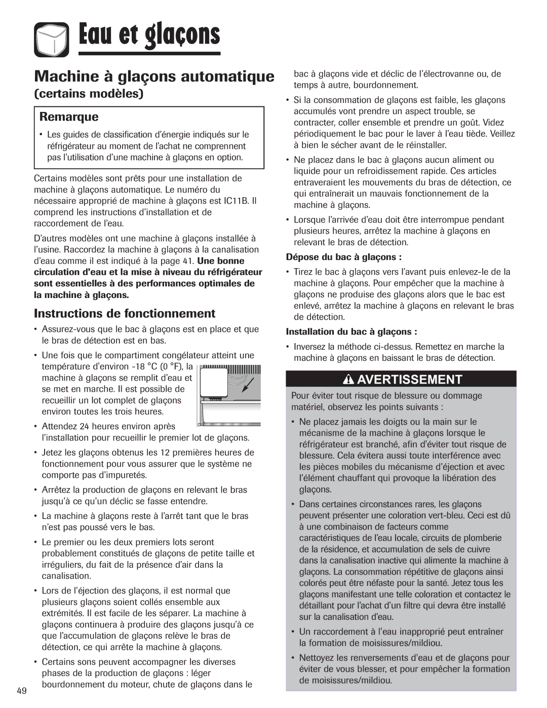 Amana ASD2328HEQ, ASD2328HEB Machine à glaçons automatique, Certains modèles Remarque, Instructions de fonctionnement 