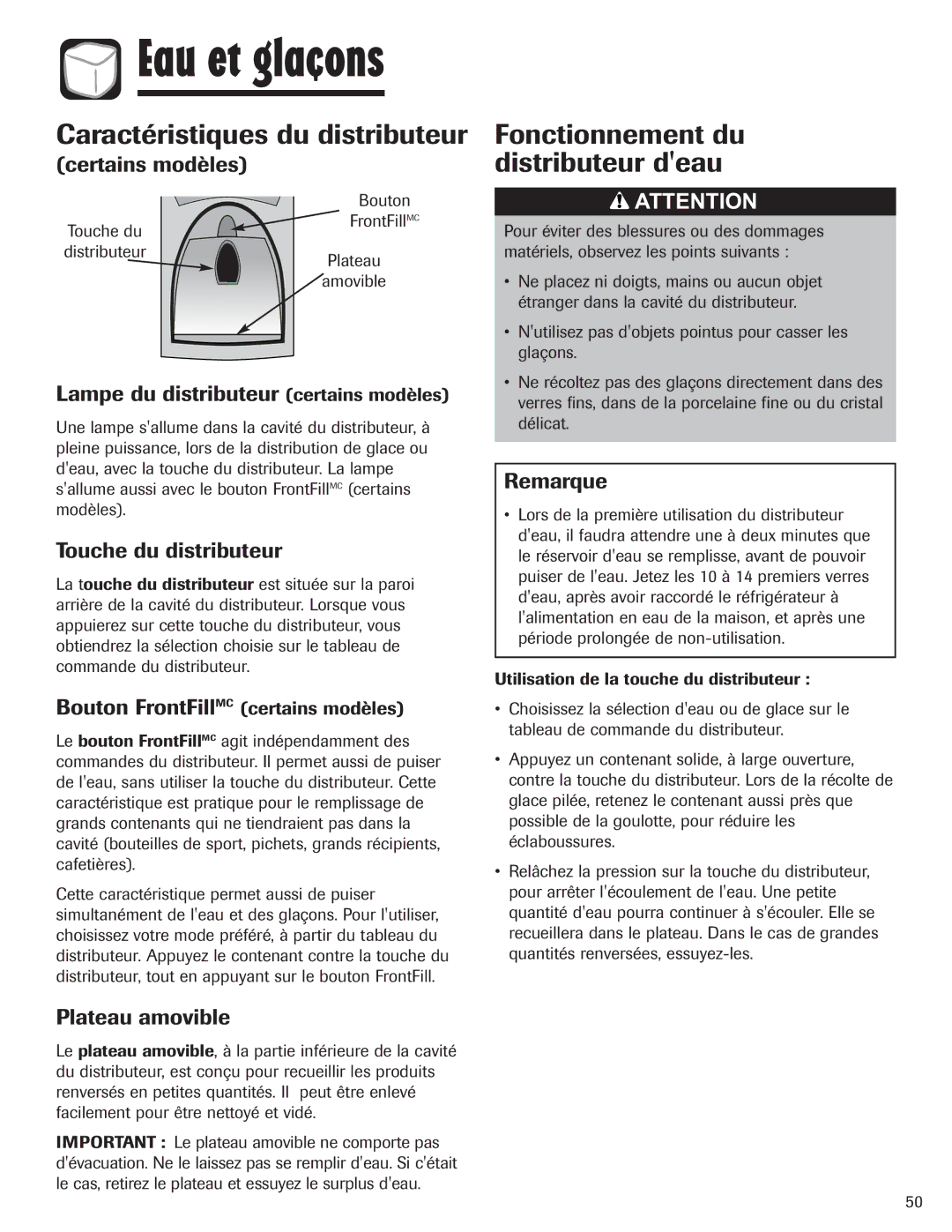 Amana ASD2328HEW, ASD2328HEB Caractéristiques du distributeur, Fonctionnement du distributeur deau, Touche du distributeur 