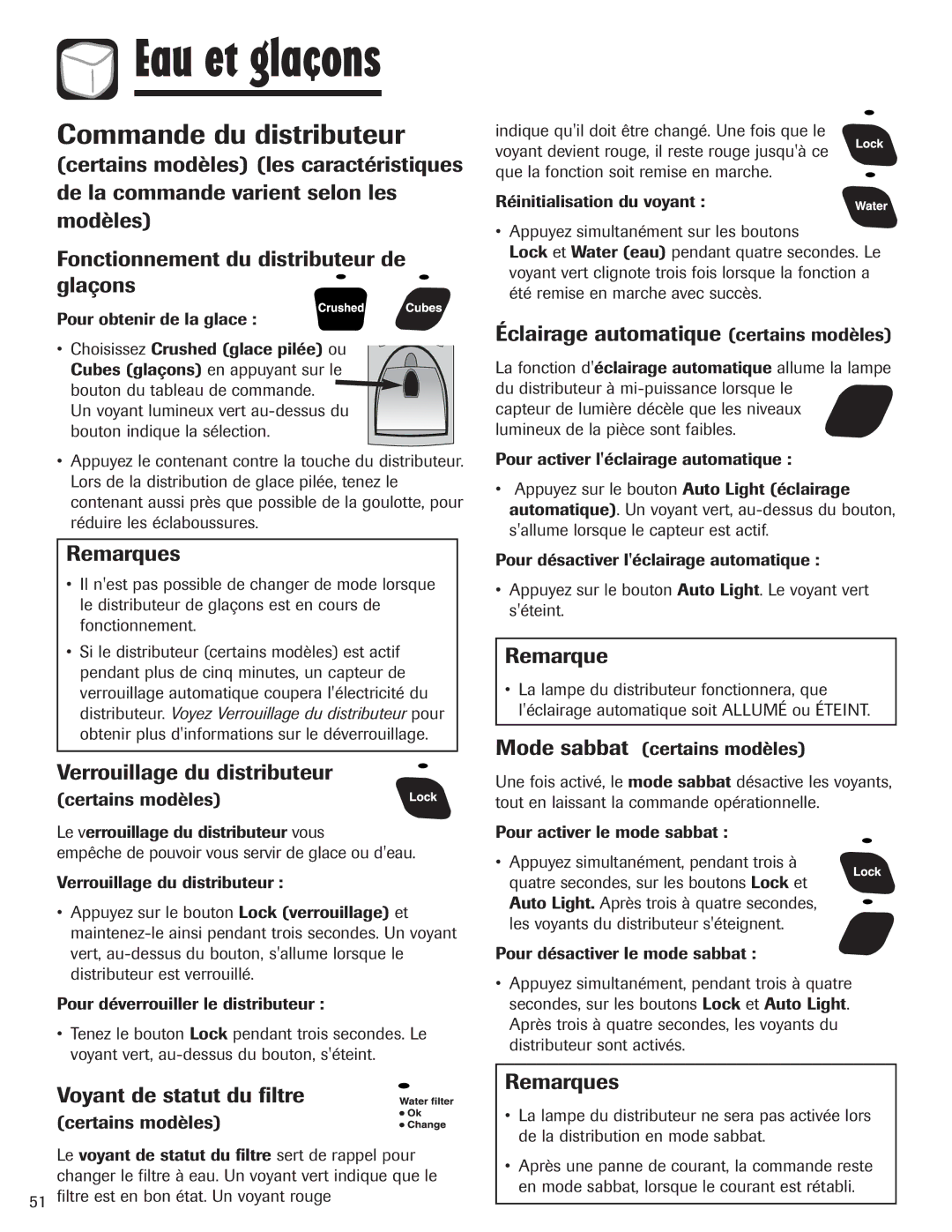 Amana ASD2328HEB, ASD2328HES Commande du distributeur, Remarques, Verrouillage du distributeur, Voyant de statut du filtre 