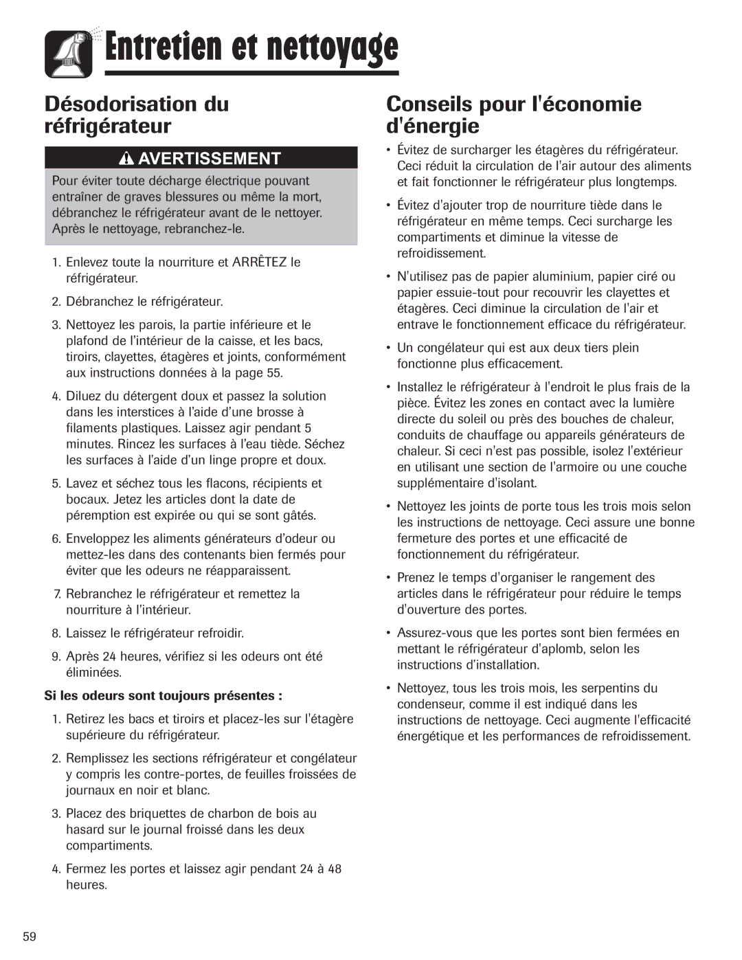 Amana ASD2328HEB, ASD2328HES, ASD2328HEQ, ASD2328HEW Désodorisation du réfrigérateur, Conseils pour léconomie dénergie 