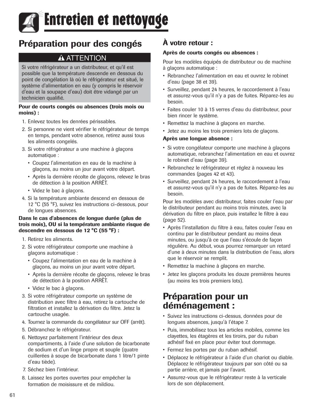 Amana ASD2328HEQ, ASD2328HEB, ASD2328HES Préparation pour des congés, Préparation pour un déménagement, Votre retour 