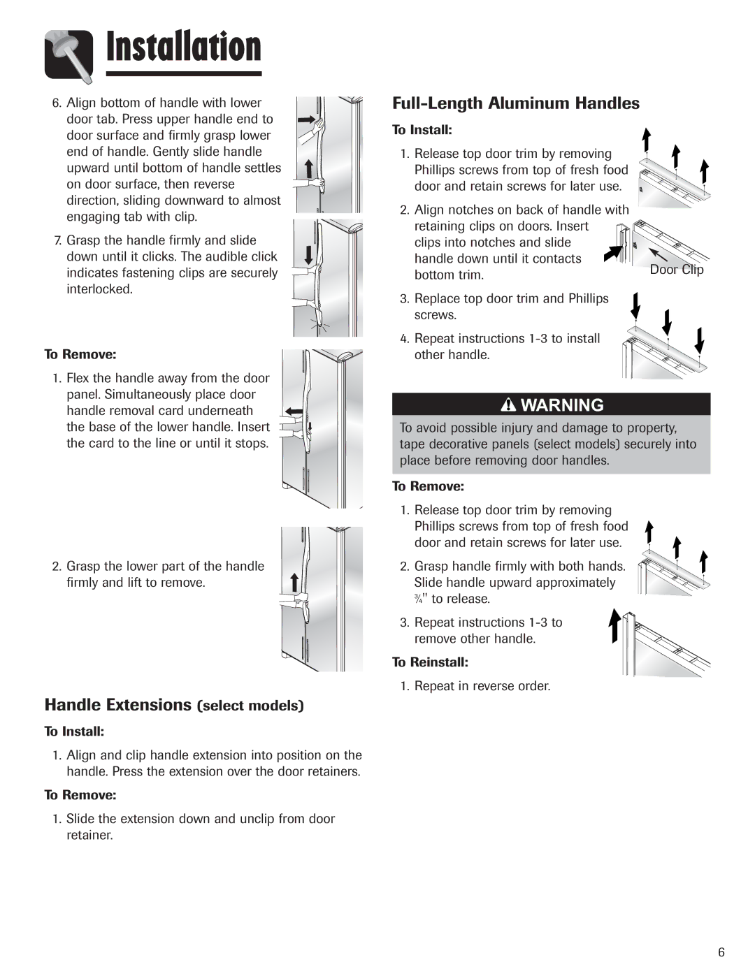 Amana ASD2328HEW, ASD2328HEB, ASD2328HES Handle Extensions select models, Full-Length Aluminum Handles, Bottom trim 