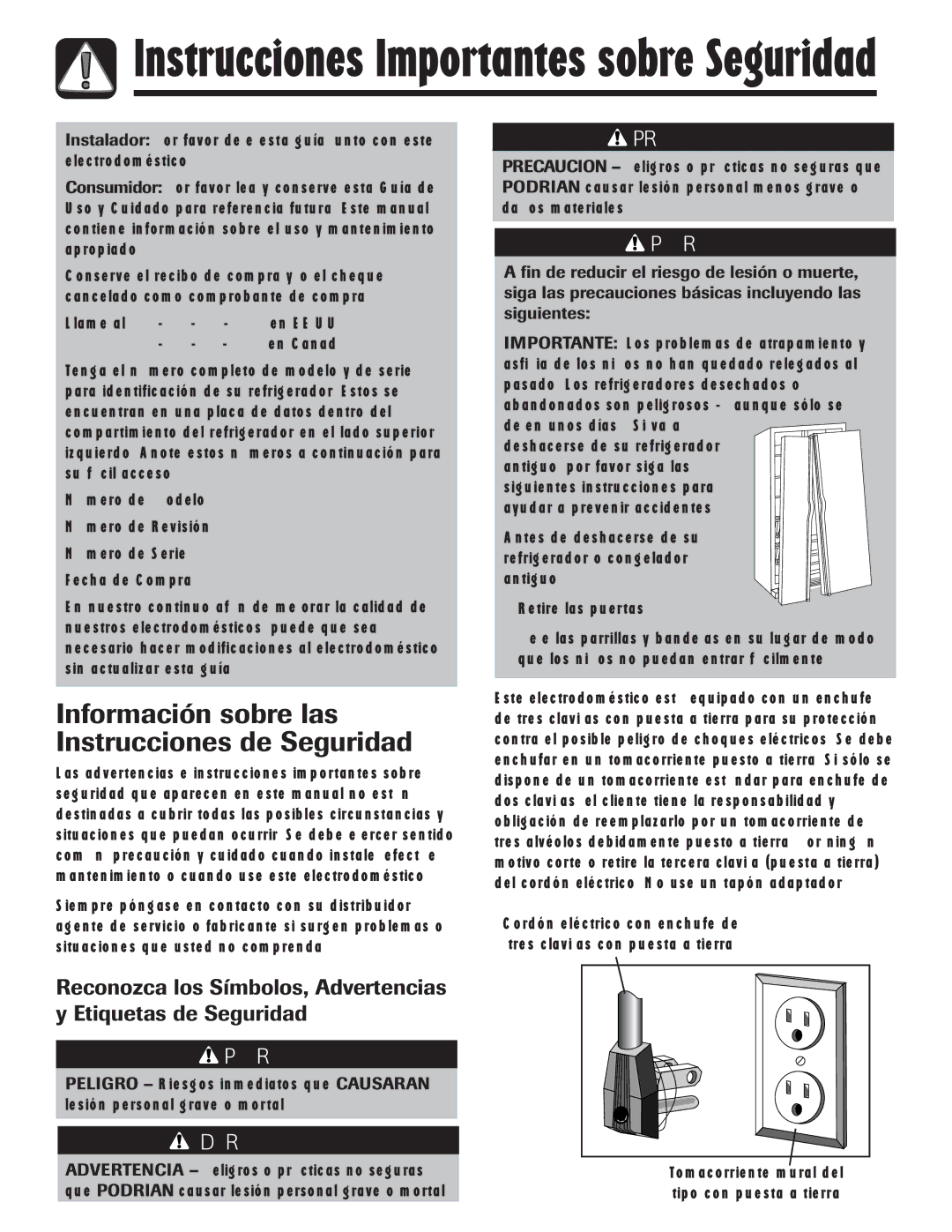 Amana ASD2328HEB, ASD2328HES Información sobre las Instrucciones de Seguridad, Advertencia Peligros o prácticas no seguras 