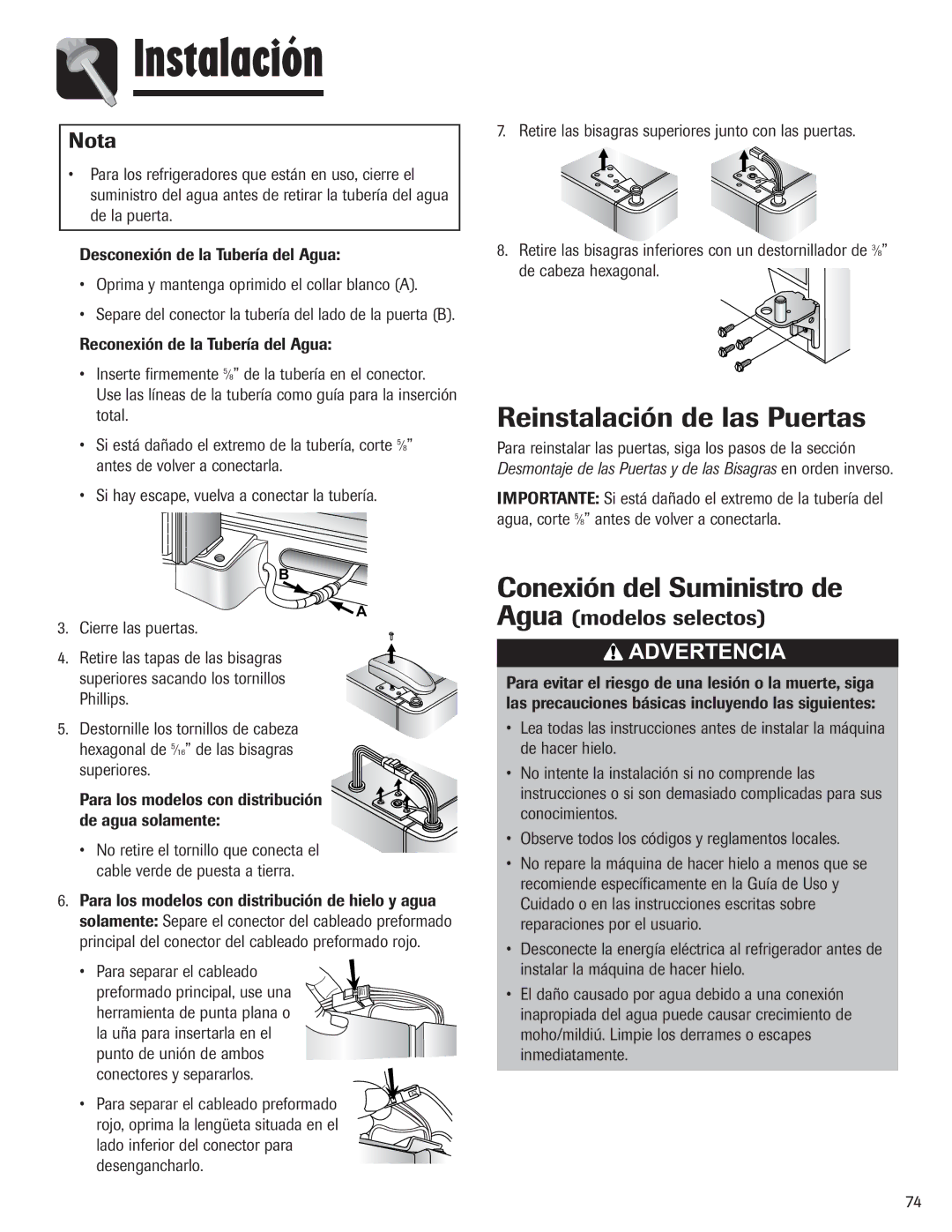 Amana ASD2328HEW, ASD2328HEB Reinstalación de las Puertas, Conexión del Suministro de, Nota, Agua modelos selectos 