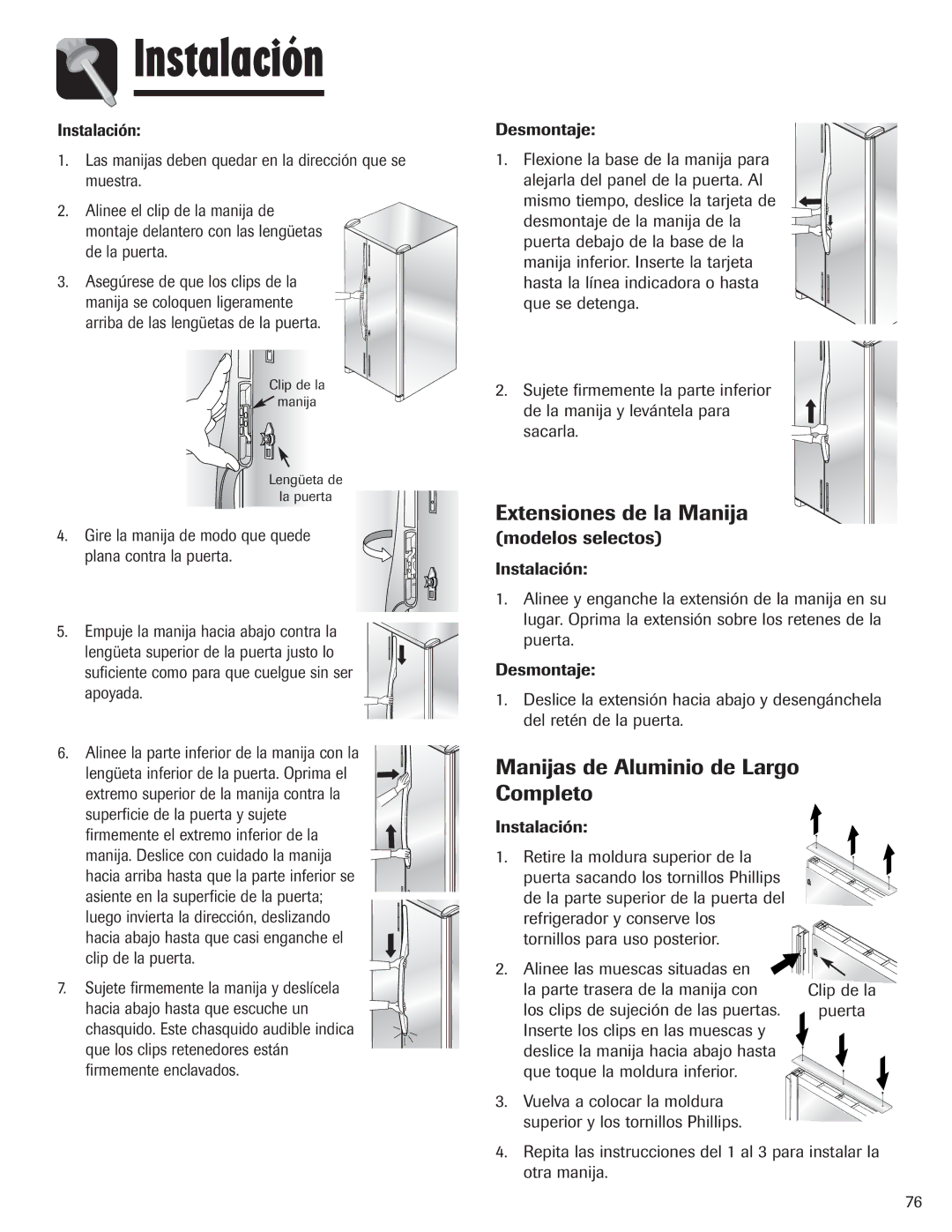 Amana ASD2328HES, ASD2328HEB, ASD2328HEQ Extensiones de la Manija, Manijas de Aluminio de Largo Completo, Modelos selectos 