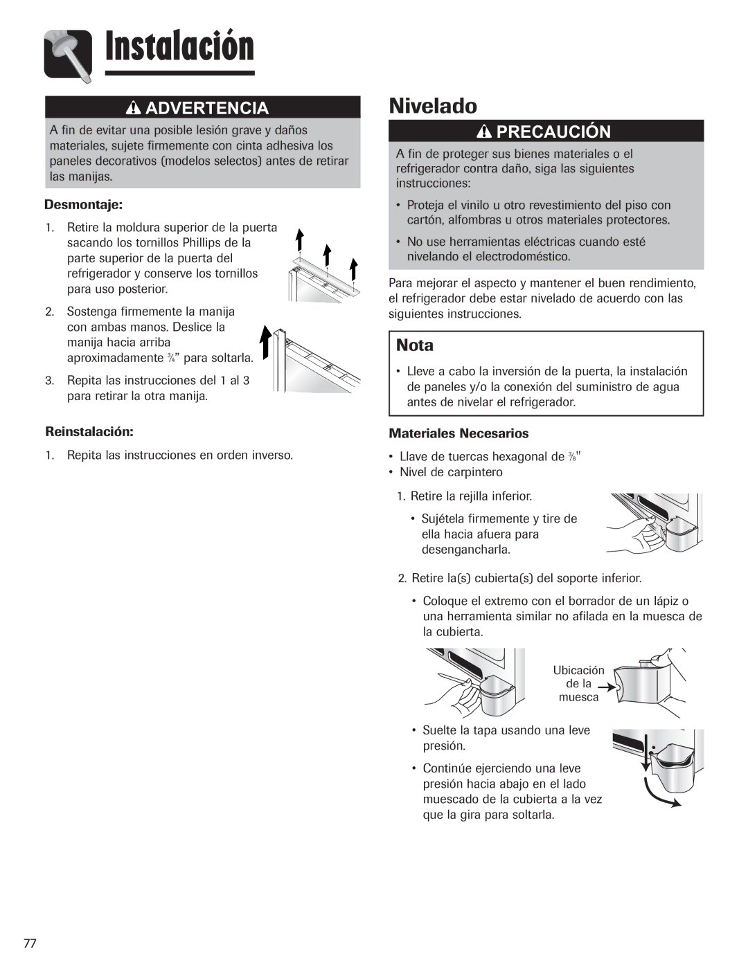 Amana ASD2328HEQ, ASD2328HEB, ASD2328HES, ASD2328HEW important safety instructions Nivelado, Reinstalación 