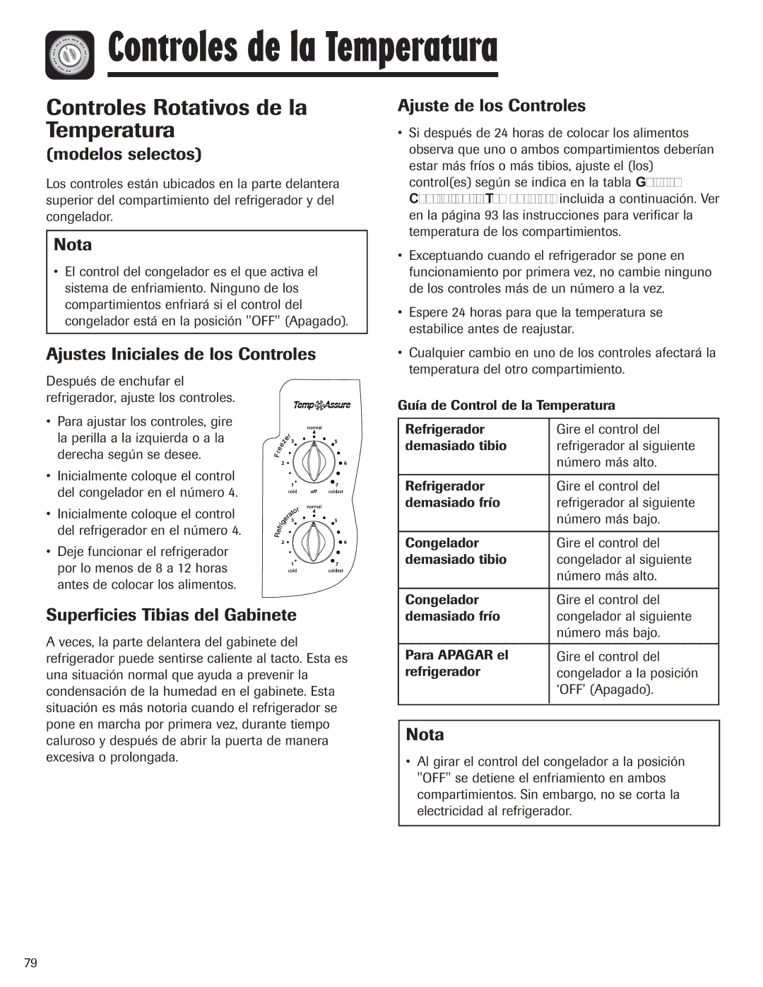 Amana ASD2328HEB, ASD2328HES, ASD2328HEQ, ASD2328HEW Controles de la Temperatura, Controles Rotativos de la Temperatura 