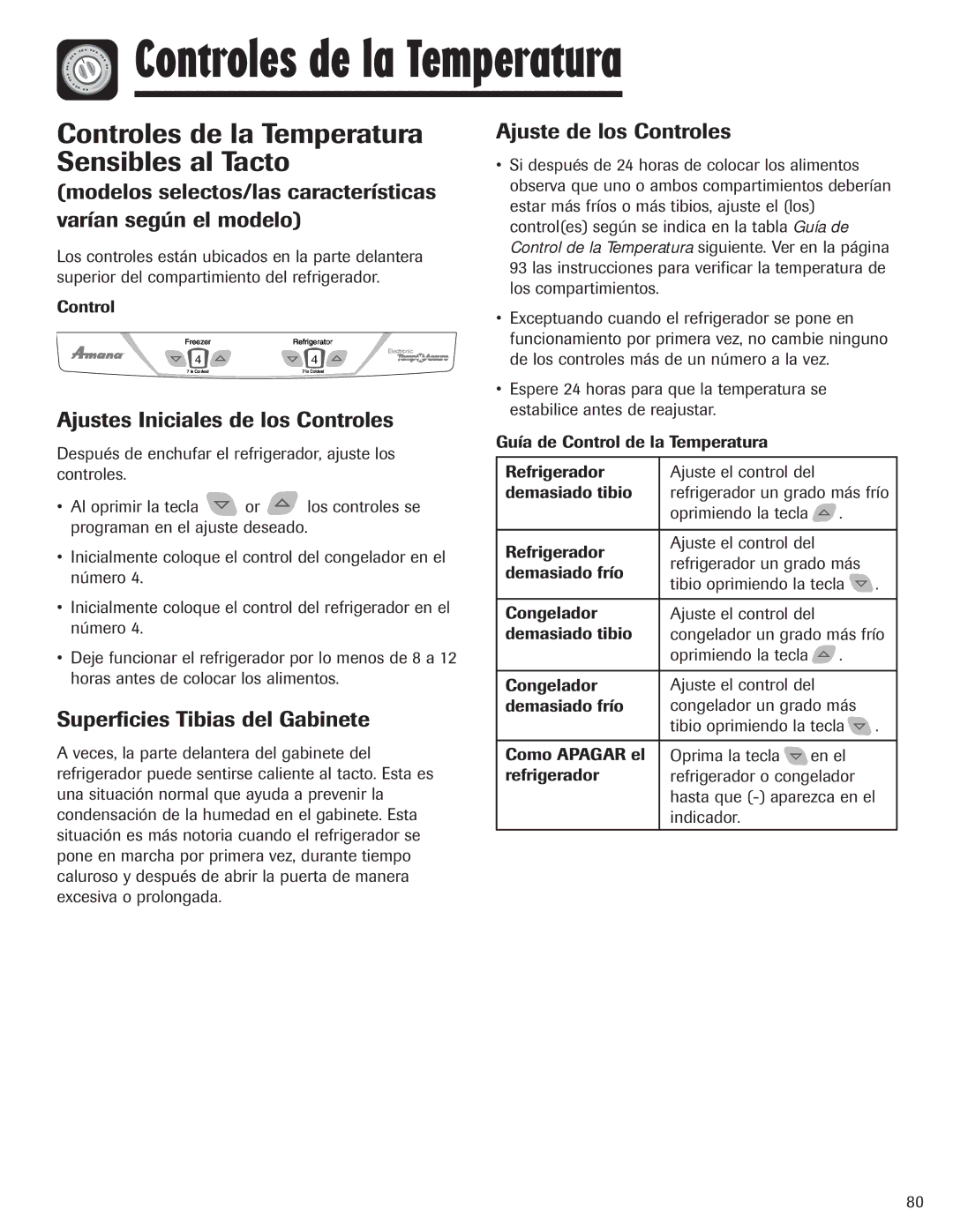 Amana ASD2328HES, ASD2328HEB, ASD2328HEQ, ASD2328HEW Controles de la Temperatura Sensibles al Tacto 