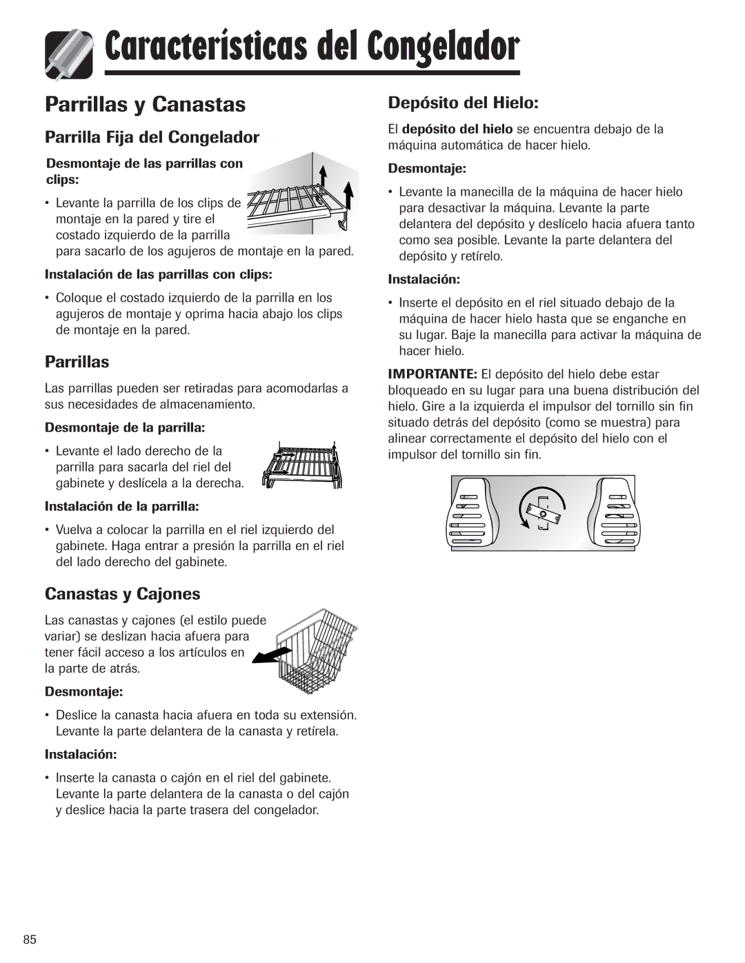 Amana ASD2328HEQ, ASD2328HEB, ASD2328HES, ASD2328HEW Características del Congelador, Parrillas y Canastas 