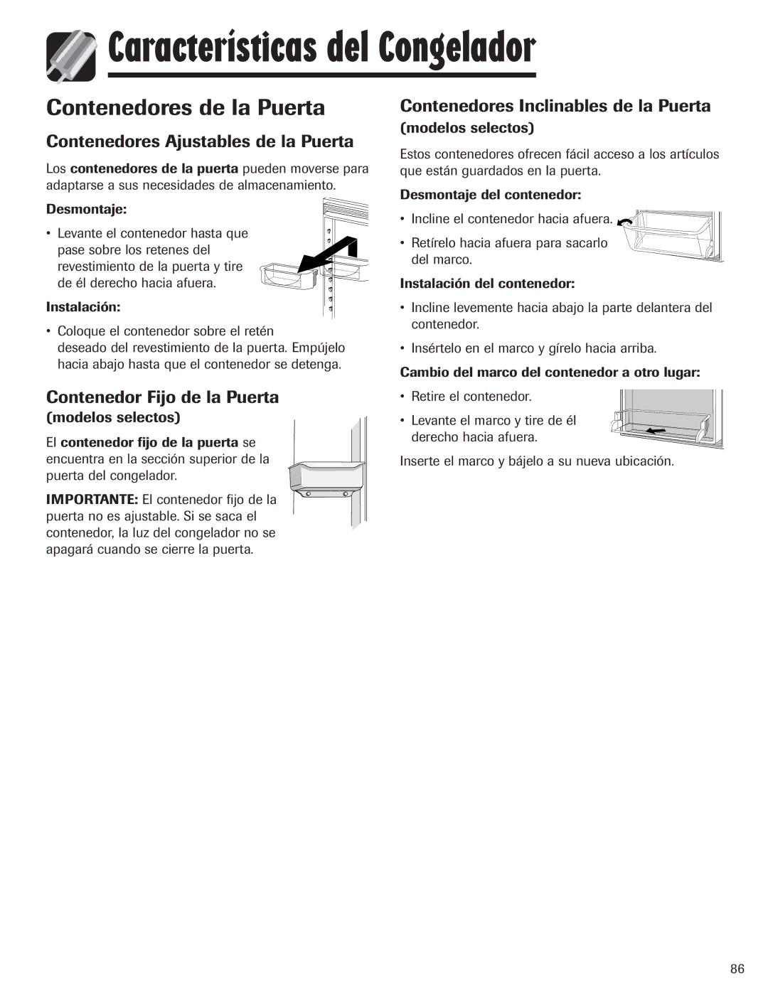 Amana ASD2328HEW, ASD2328HEB Contenedores de la Puerta, Contenedores Ajustables de la Puerta, Contenedor Fijo de la Puerta 