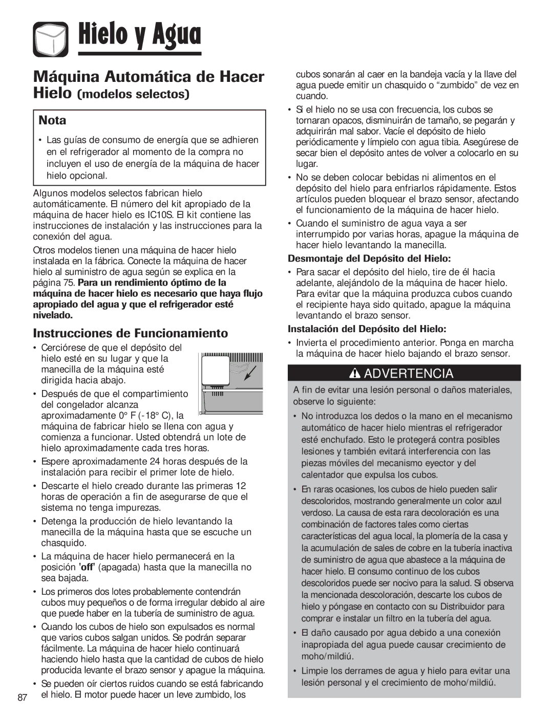 Amana ASD2328HEB Hielo y Agua, Máquina Automática de Hacer, Hielo modelos selectos Nota, Instrucciones de Funcionamiento 