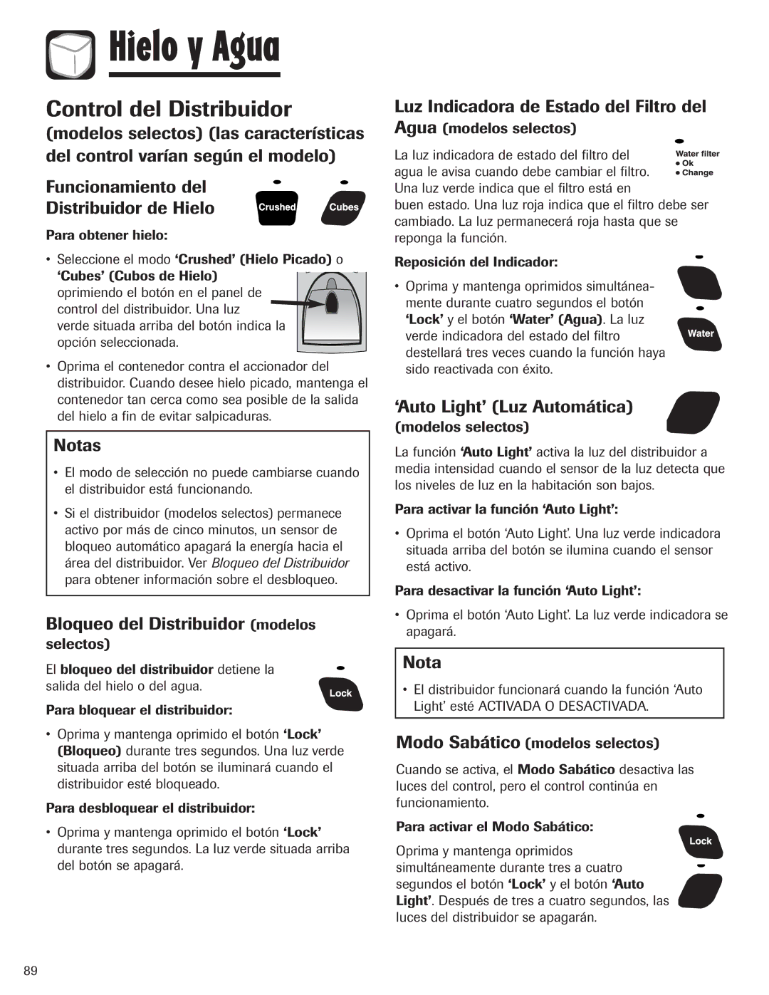 Amana ASD2328HEQ Control del Distribuidor, Notas, Bloqueo del Distribuidor modelos, ‘Auto Light’ Luz Automática 